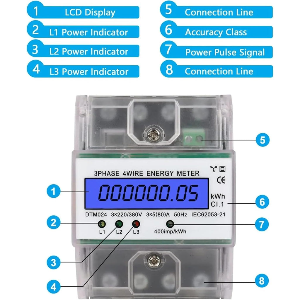 3 Phase Power Meter DTM024 Digital LCD Display Energy Meter Electric Kilowatt Hour Meter, 220/380V 5-80A