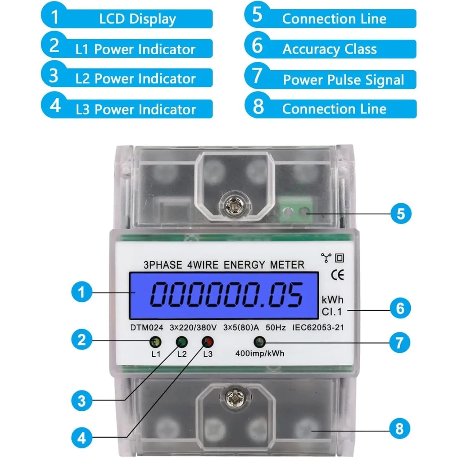 3 Phase Power Meter DTM024 Digital LCD Display Energy Meter Electric Kilowatt Hour Meter, 220/380V 5-80A