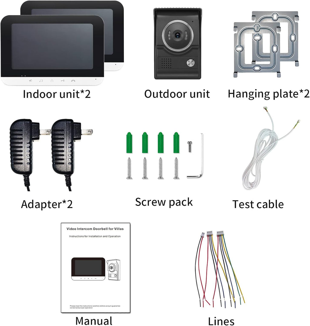 Video Intercom System, 7 Inch doorbell with Camera and Monitor, Video doorbell with IR-Cut Rainproof Outdoor Camera Visual Two-Way Intercom Audio Remote Unlock(1 Camera & 2 Monitors)