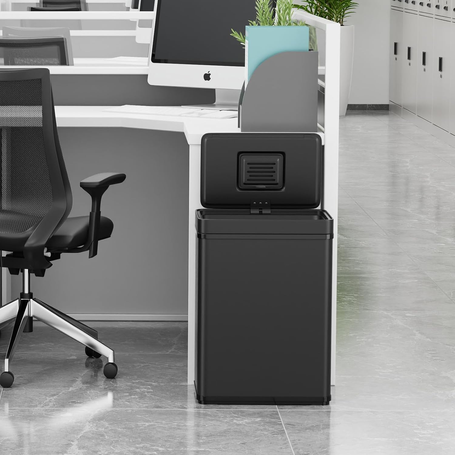50L / 13 Gallon Smart Automatic Trash Can with Deodorizer Compartment, Stainless Steel Body and Mute Sensor Lid for Kitchen Office Living Room and More, Assemble Large Capacity Garbage Can - Black