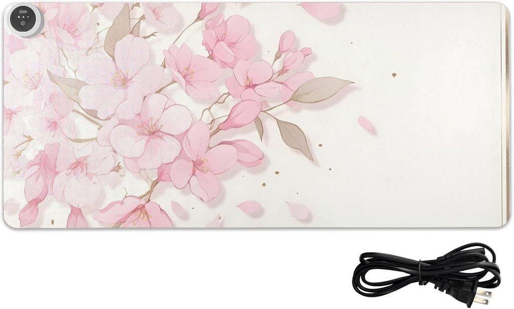 Large Heated Mouse Pad,Leather Desk Mat,31.5"x13",Hand Warmer Pads for Desk,Sakura（Pink White）