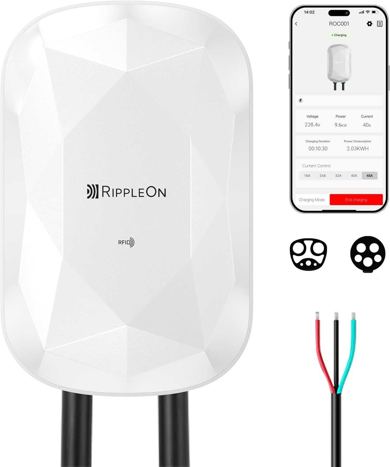 RIPPLEON Level 2 EV Charger J1772 11.5Kw - Hardwired EV Charger Level 2 w/Tesla Adapter, 48 Amp Smart App WiFi 25Ft Cable 240V NACS Charge Station, UL, ETL, FCC, Energy Star Certified White