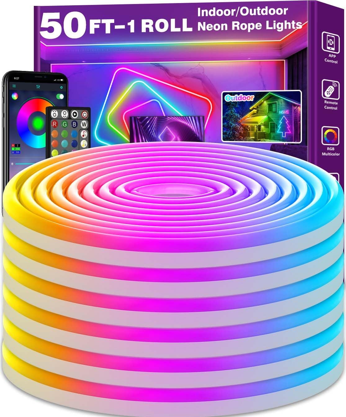 50Ft Neon Rope Lights,Flexible Led Rope Lights Control with App/Remote,Multiple Modes Rope Lights,IP65 Outdoor RGB Led Neons Lights,Music Sync Gaming Led Neon Light Strip for Bedroom Decor (50FT)
