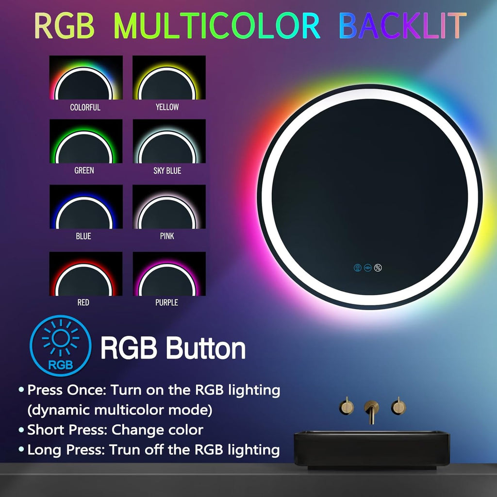 30 Inch LED Bathroom Mirror With Front Light 3 Colors + Rainbow RGB Color Changing Backlit Round Lighted Mirror for Wall Anti Fog 30" Smart Circle Mood Light up Mirror