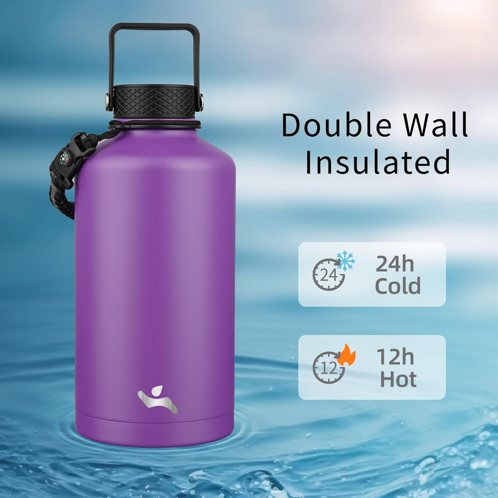 Insulated Water Bottle with Straw,87 oz 3 Lids Water Jug with Carrying Bag,Paracord Handle,Double Wall Vacuum Stainless Steel Metal Flask,Purple