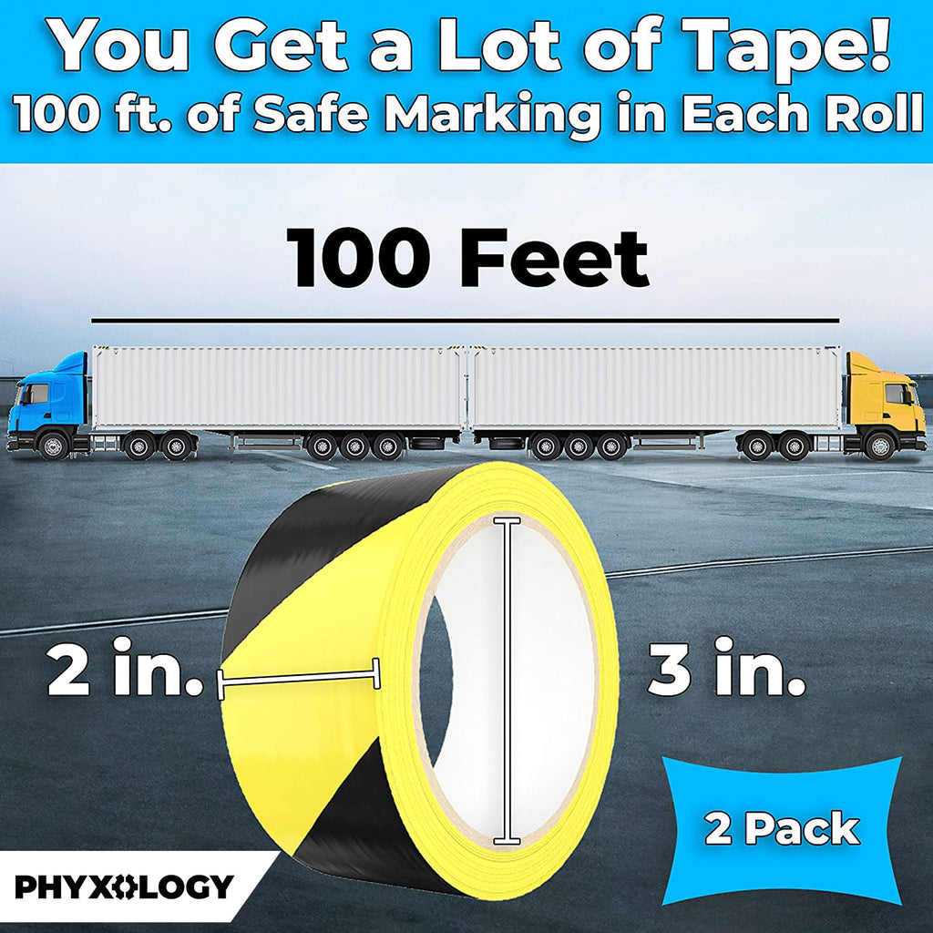 Double-Roll of Ultra-Adhesive Black & Yellow Hazard Tape for Floor Marking 2 Pk. Mark Floors & Watch Your Step Areas for Safety with High-Visibility Anti-Scuff Striped Vinyl by Phyxology Supply.