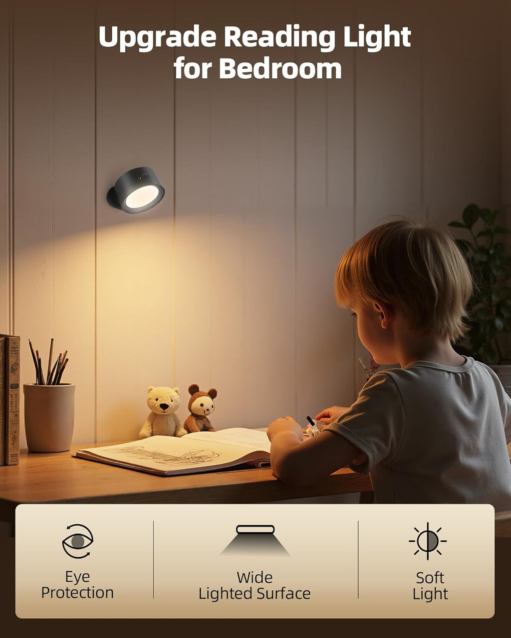 LED Wall Mounted Lights, Rechargeable Wall Sconces Lamp, 3 Color Temps & Remote and Touch, 360°Rotation Dimmable Cordless Wall Light for Study Bedroom Reading Bedside(Black, 1 Pack)