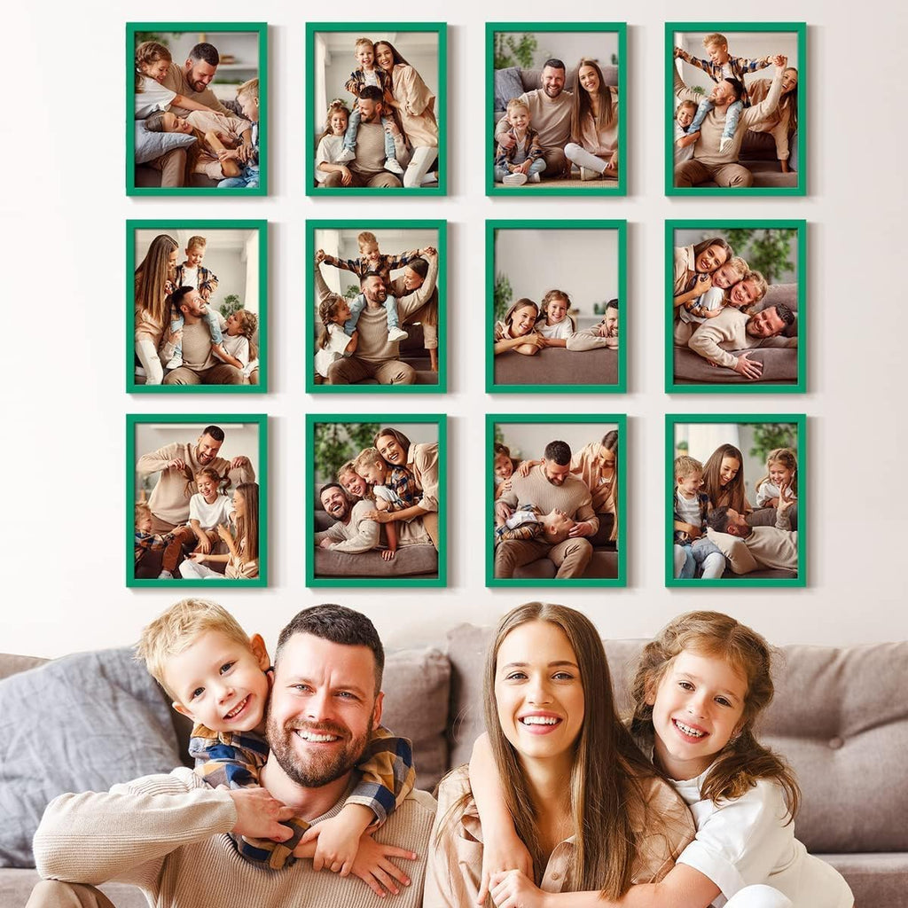 Renditions Gallery Set of 12, 11X14 Custom Photo Prints with Real Wood Picture Frames. Create Personalized Photos with Peel & Stick Photo Frames. Green Frame