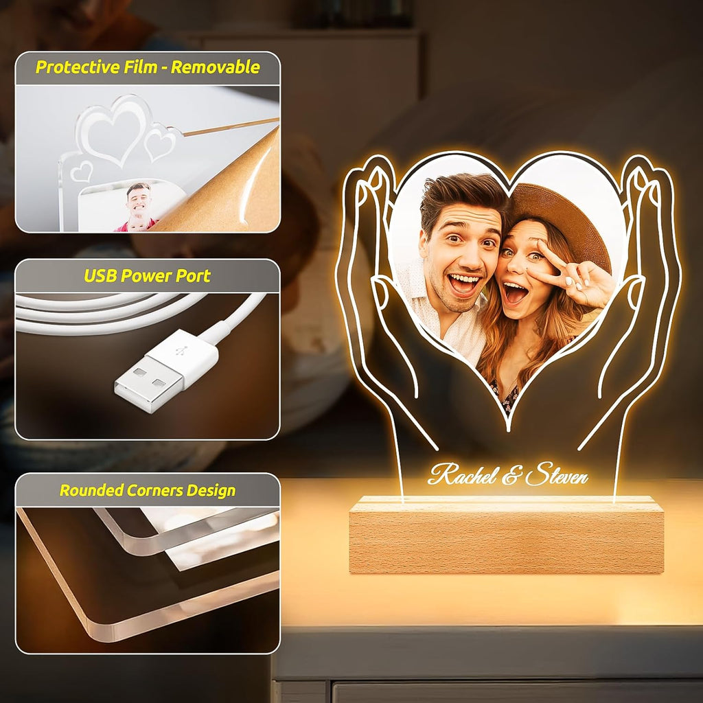 Custom Picture Frames, Customized Picture Frame, Personalized Photo Frame with Night Light, Personalized Anniversary Valentines Day Gifts for Women Men Her Him Girlfriend Boyfriend Couples