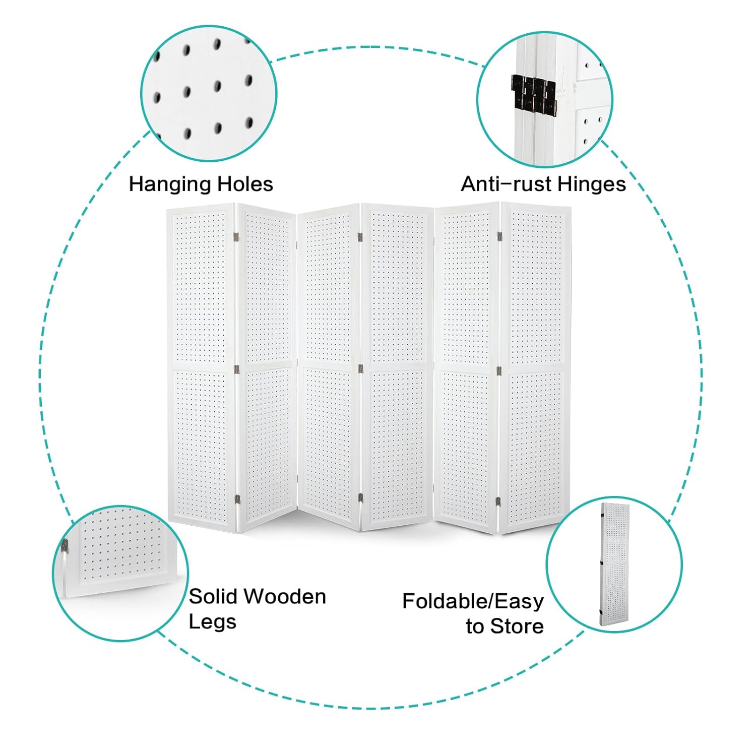 Babion 6 Panel Pegboard Display, Freestanding Folding Privacy Screens for Craft Shows (White)