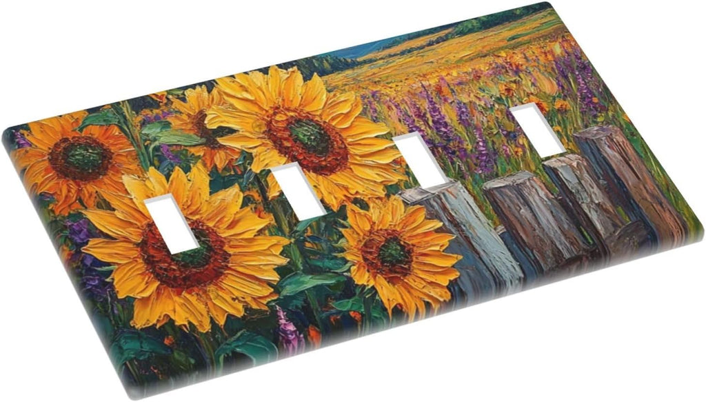 Decorative Light Switch Cover Plate Rustic Wilderness Sunflower Lavender Muzha Oil Painting 4 Gang Wall Plate Oversized Quad Toggle Switch Cover Plate Jumbo Faceplate