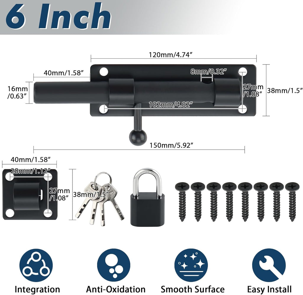 Alise 6 inch Barrel Bolt Latch, Slide Bolt Latch, Heavy Duty Solid SUS304 Stainless Steel Slide Lock for Wooden Fence,Barn Door,Interior or Outdoor Door Matte Black MST8060-B
