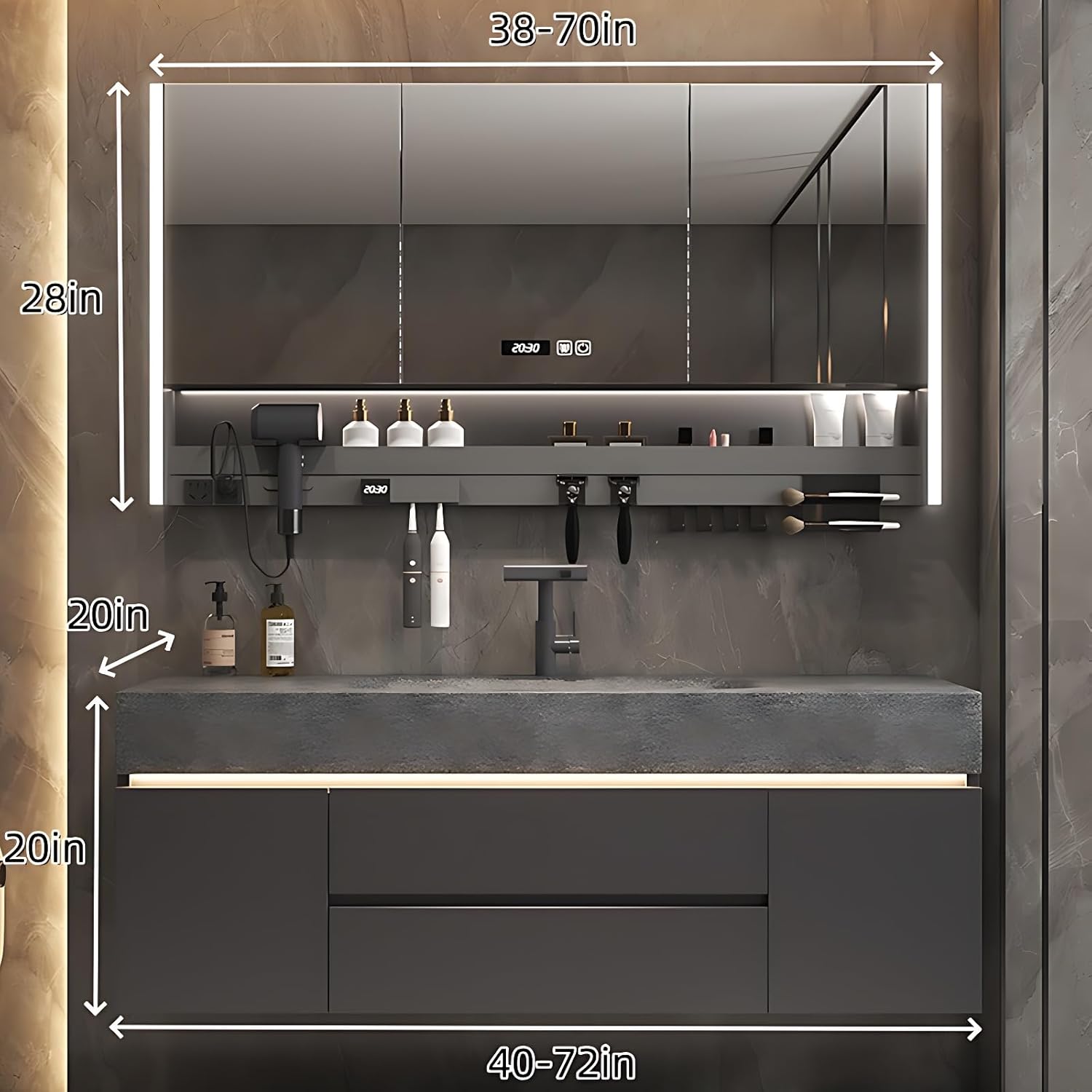 Modern Bathroom Vanity – Cabinet Set with LED Smart Defogging Mirror & Time Display | Bathroom Vanity with Sink, Large Space Storage with Easy Installation, 2 Drawers (Grey, 52IN)