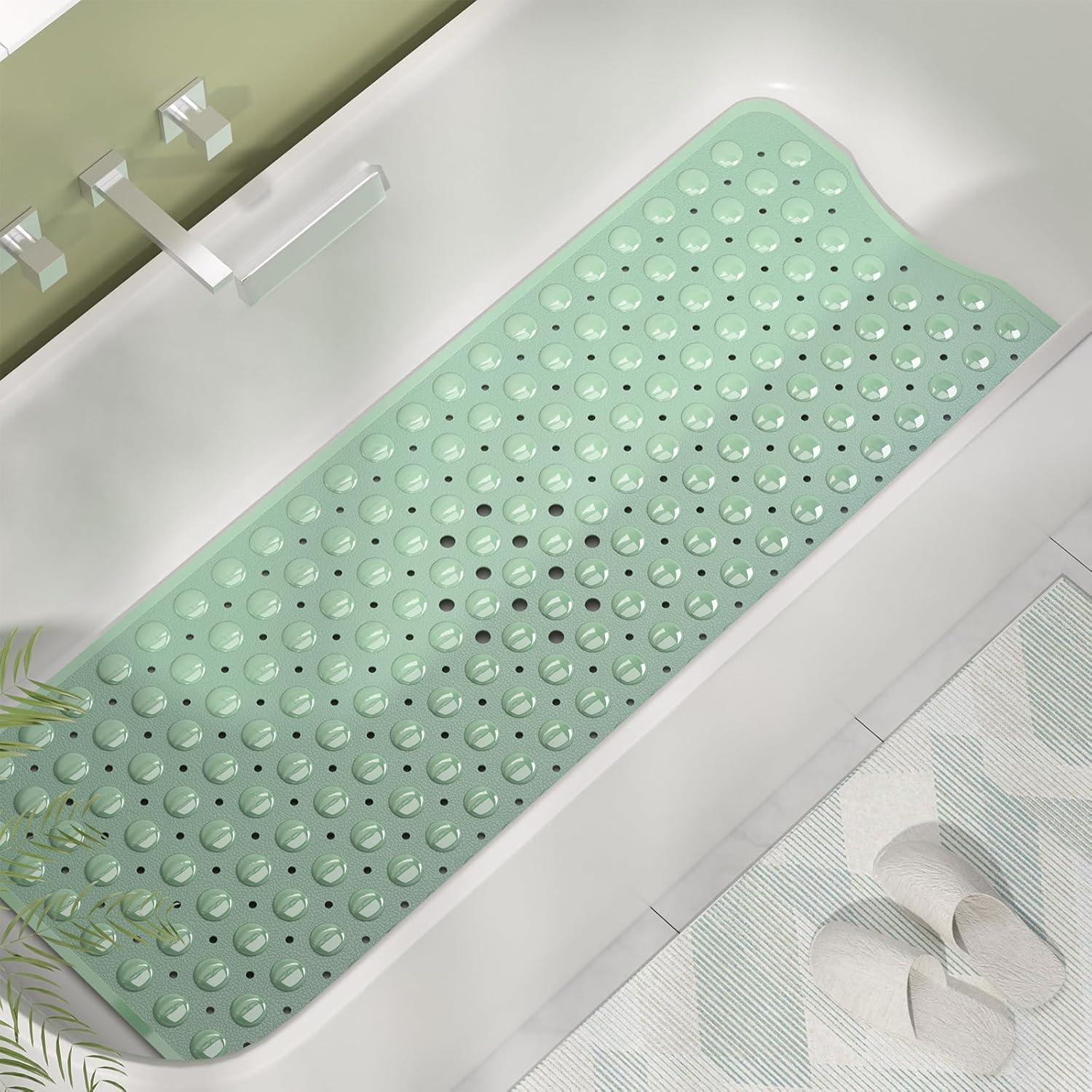 AmazerBath Shower Mat Non Slip 40 x 16 Inches, Shower Stall Mats with Suction Cups and Drain Holes, Non Slip Bath Mat for Tub for Elderly & Kids, Mint Green