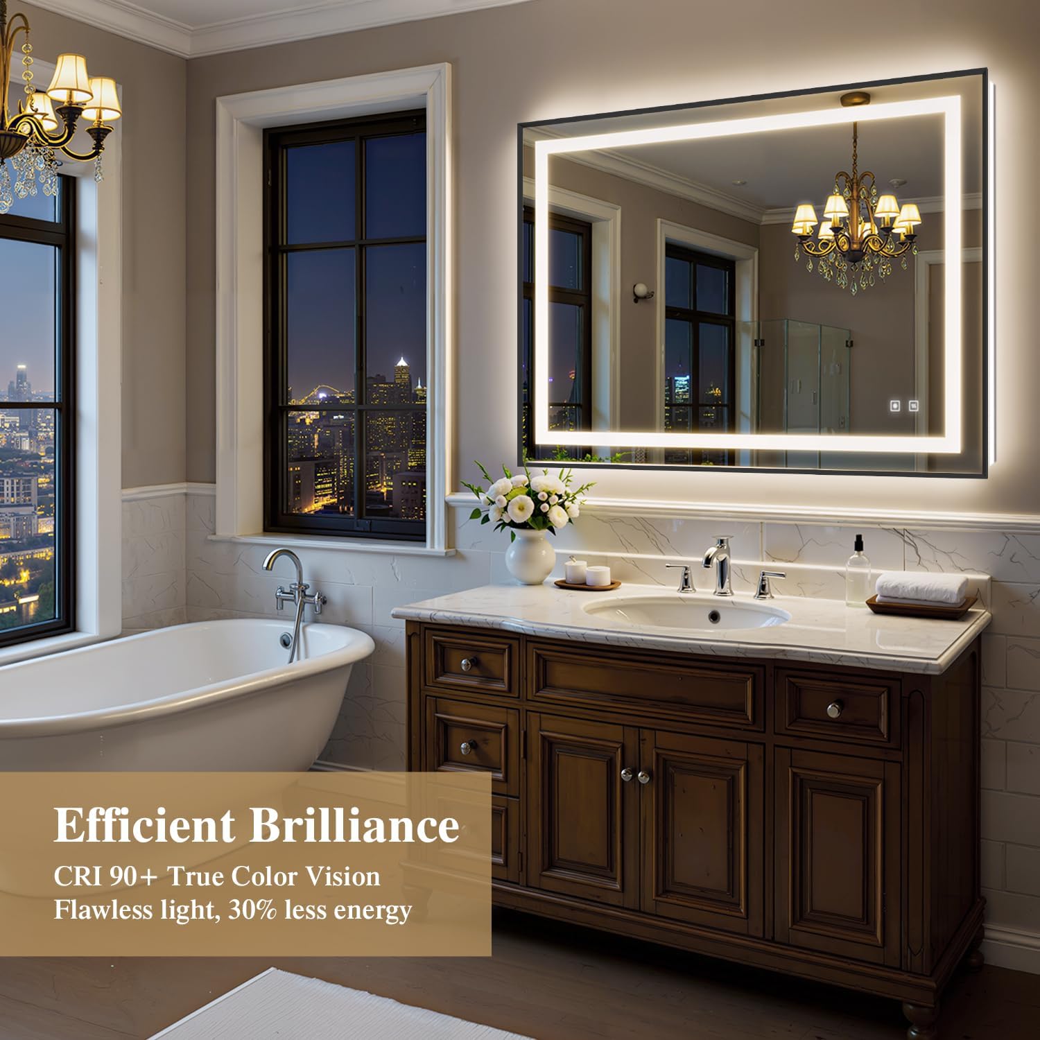 48X36 Inch LED Bathroom Mirror with Lights, Black Frame Frontlit+ Backlit Bathroom Vanity Mirror for Wall, Ultra-Clear Tempered Glass, Shatter-Proof, Anti-Fog and Memory Function, ETL Listed