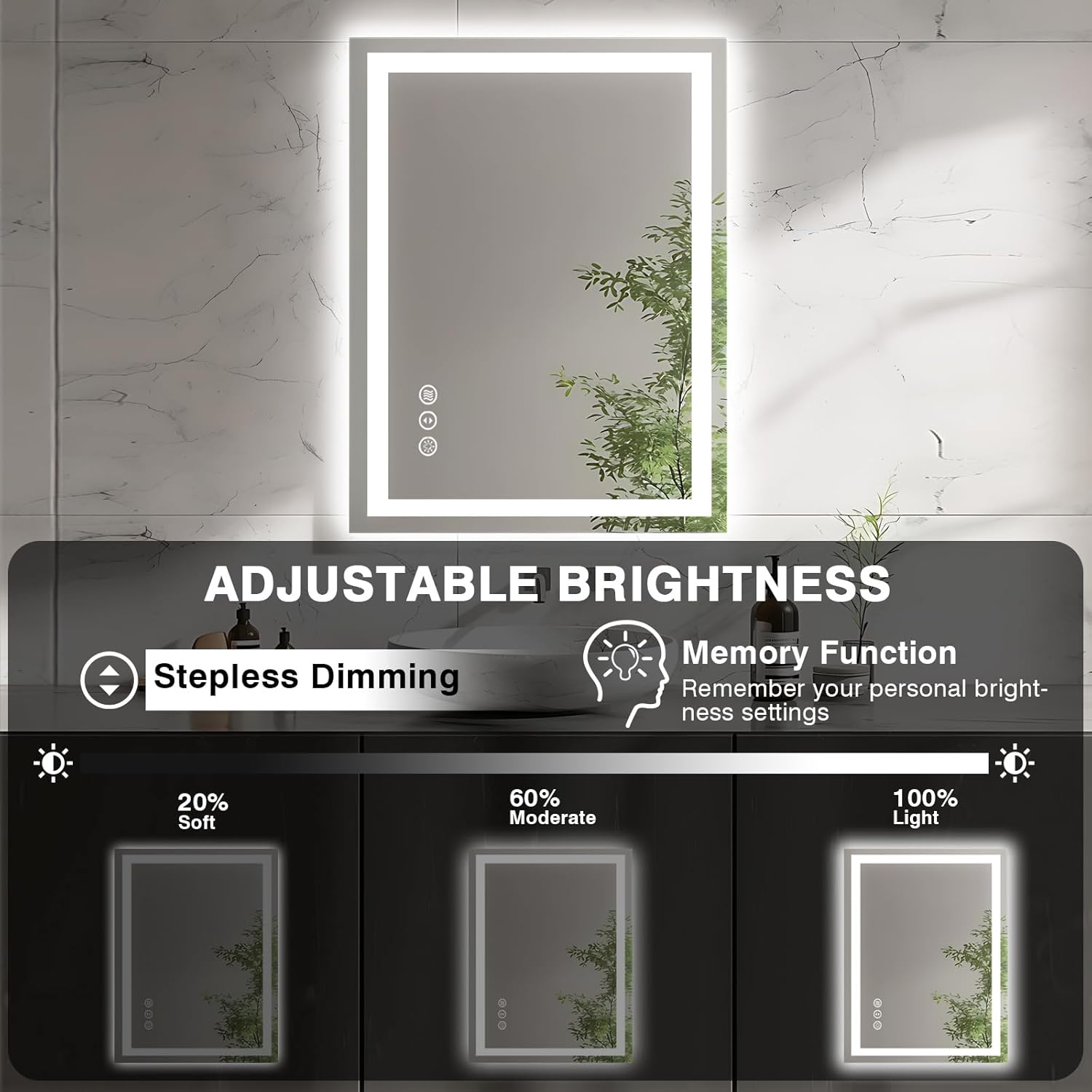 20"x28" LED Bathroom Mirrors for Wall, Front and Backlit Mirror, Anti-Fog Vanity Mirror with Lights, Stepless 3 Colors Dimmable Smart Lighted Mirror(Horizontal/Vertical)