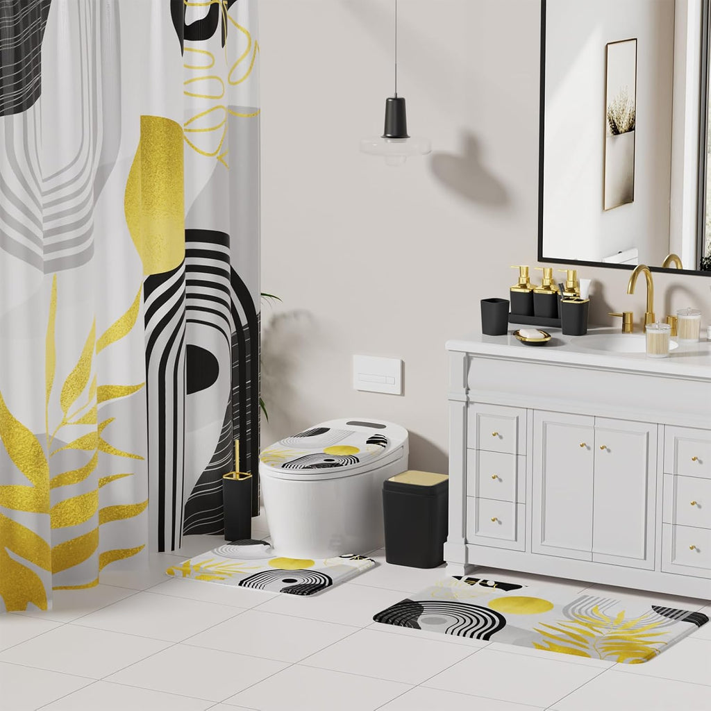 Bathroom Set - Bathroom Sets with Shower Curtain and Rugs, Bathroom Accessory Set, Black Bathroom Accessories Set with Trash Can, Toilet Brush and Soap Dispensers