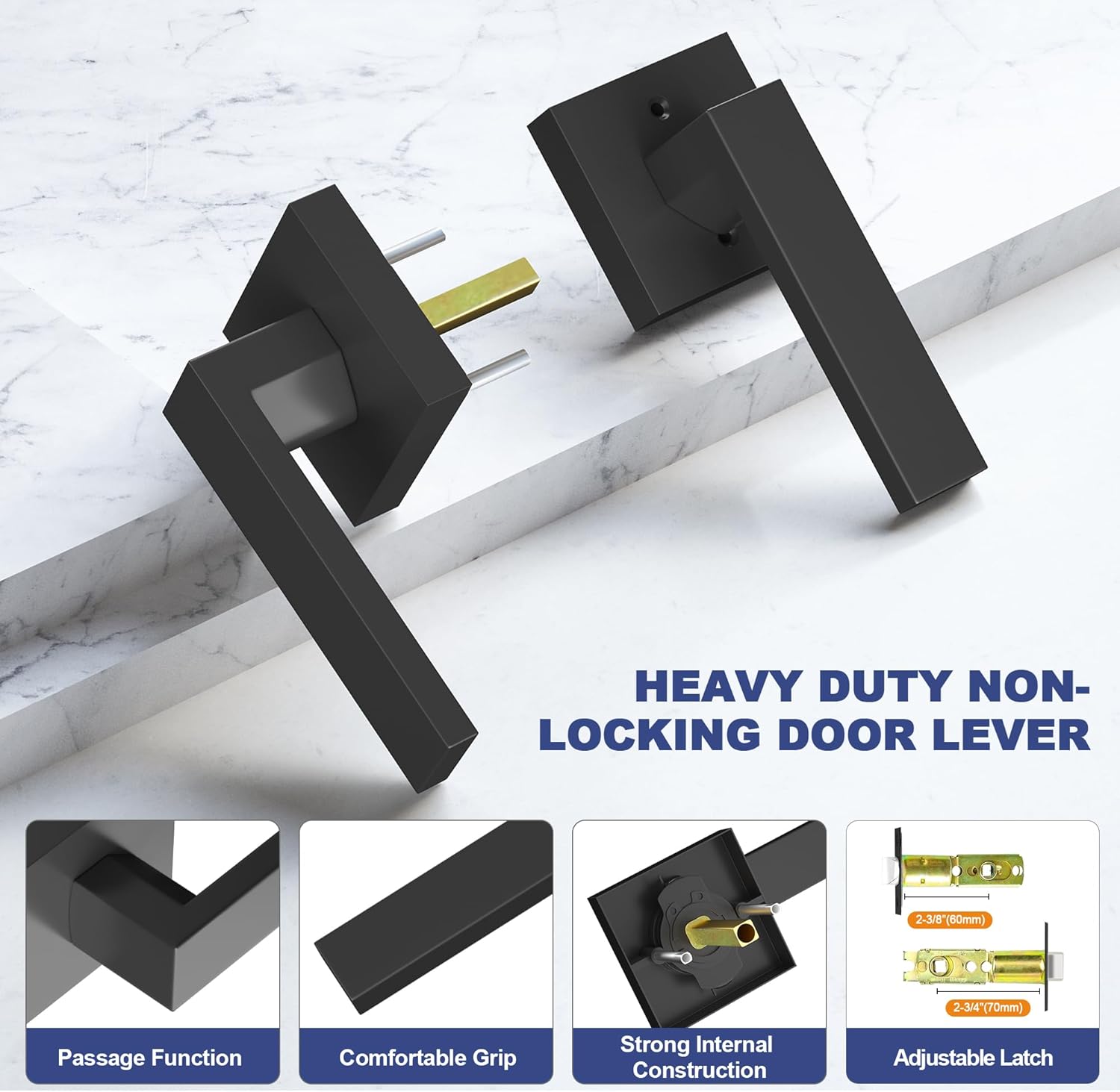 Passage Door Lever, 5 Pack Matte Black Interior Door Handles for Hallway and Closet, Heavy Duty Square Interior Keyless Door Handles Non-Locking Door Knobs for Right & Left Side Door