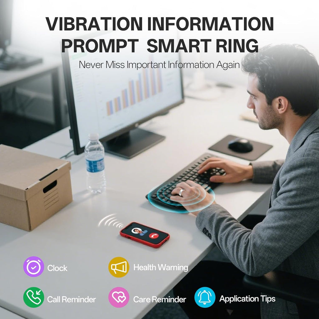 Smart Ring with Vibration Alerts, Health Tracker Ring with Body Temperature Monitor, Heart Rate, Sleep & Fitness Tracking, Waterproof Activity Ring for Men & Women, No App Fees (Silver, 7#)