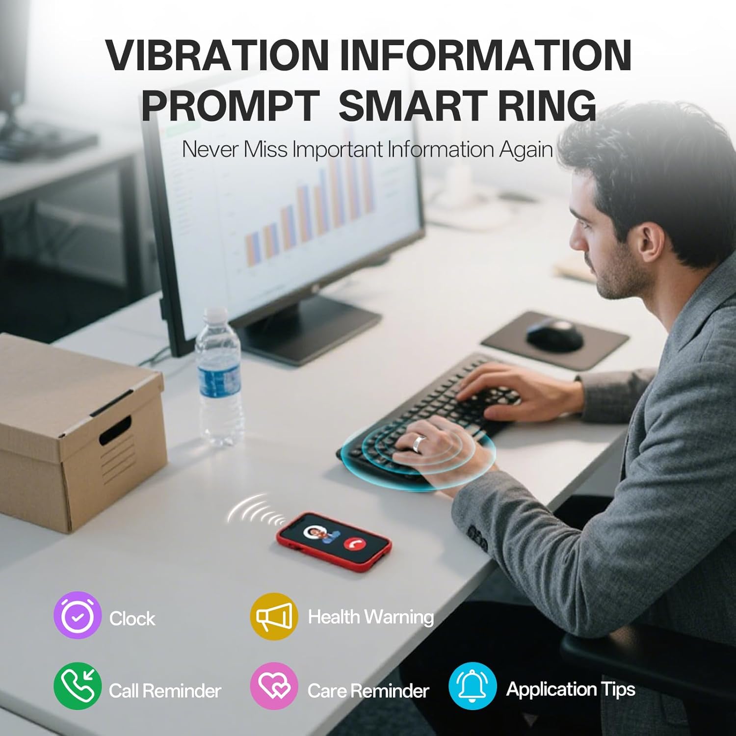Smart Ring with Vibration Alerts, Health Tracker Ring with Body Temperature Monitor, Heart Rate, Sleep & Fitness Tracking, Waterproof Activity Ring for Men & Women, No App Fees (Silver, 7#)