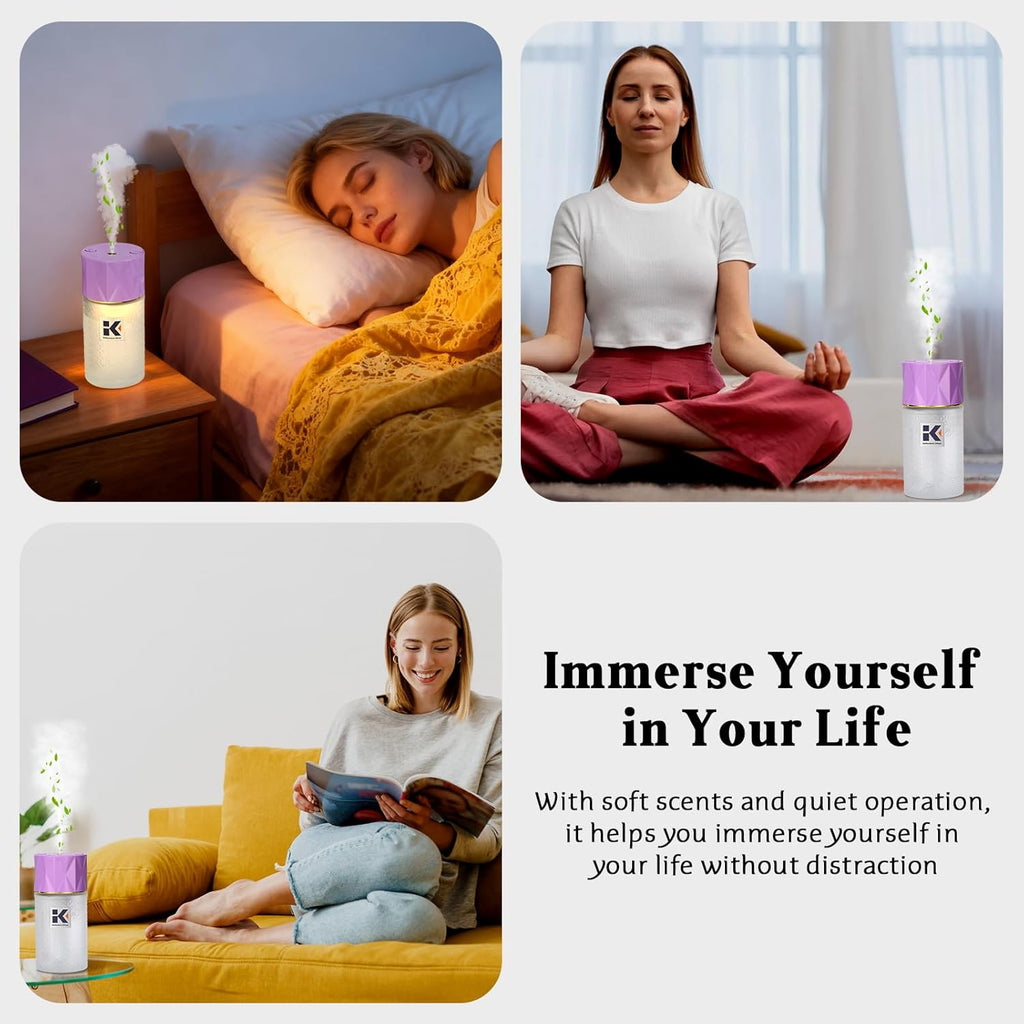 Ikeda Wireless Essential Oil Diffuser, Mini Negative Ion Mist Humidifier with Night Light & Auto Shut-Off, 250mL Lavender Scent for Room, Home, Car&Office