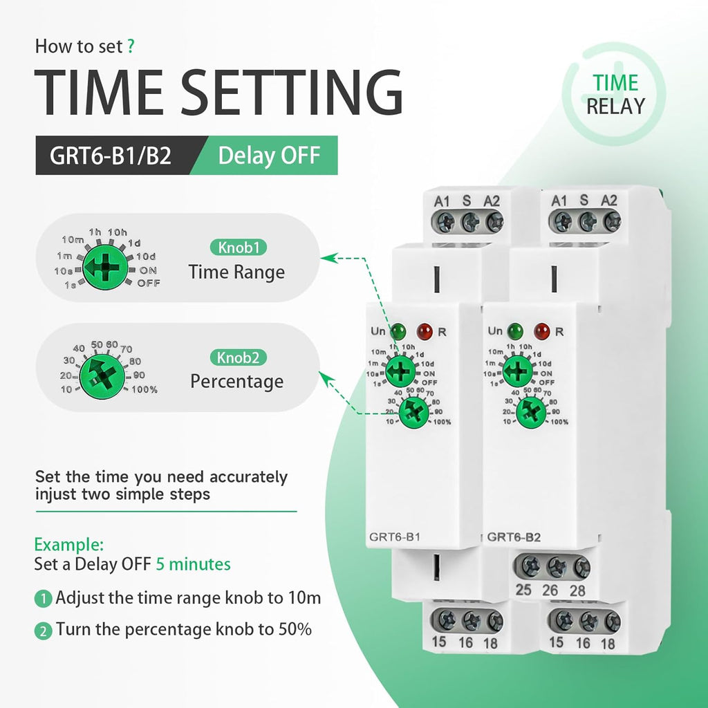 Delay Turn Off Time Relay 10A Delay Timer Relay 2SPDT GRT6 B2 DIN Rail Electronic Relays of Wide Time Delay Range for 0.1 Seconds to 10 Days Voltage Range AC 230V