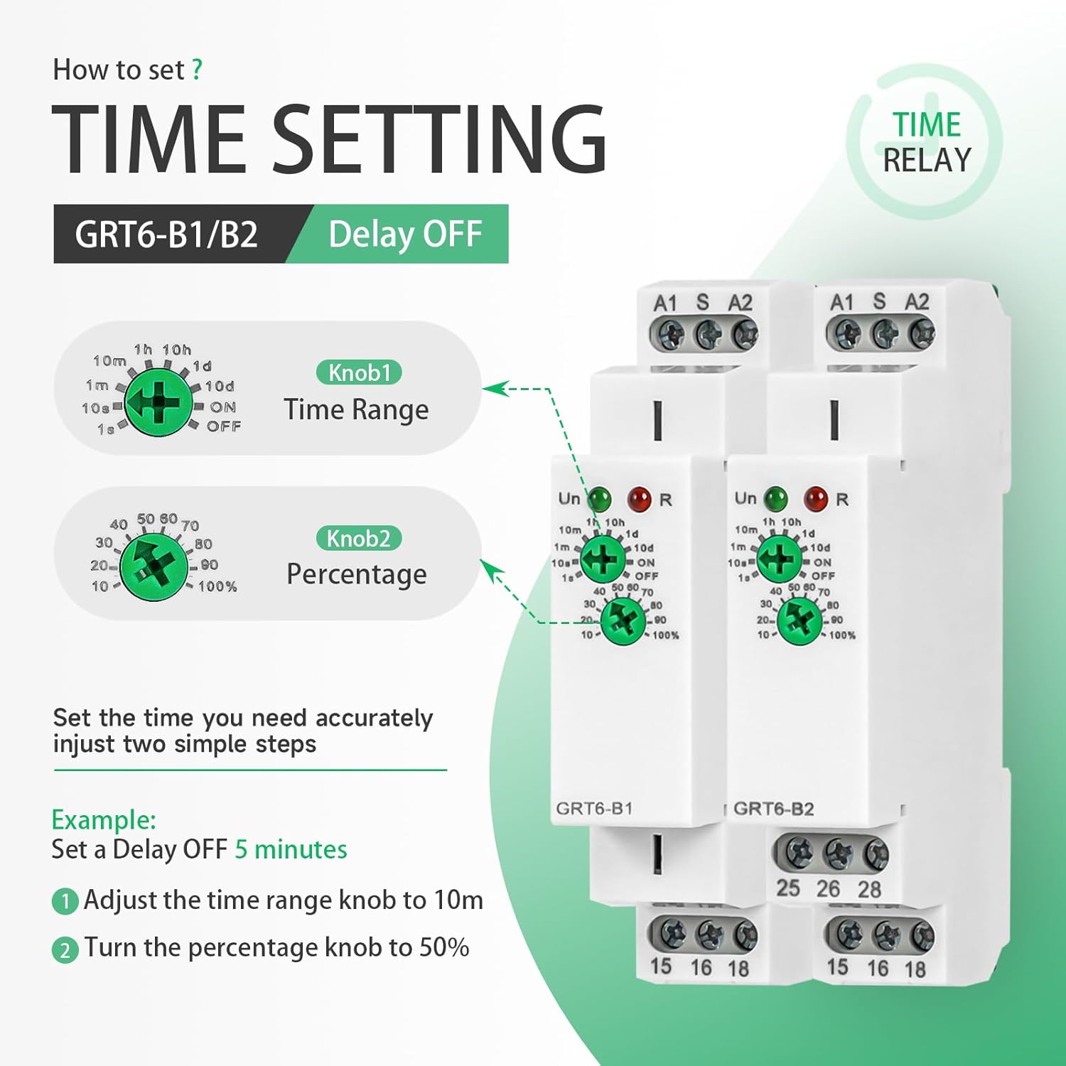 Delay Off Time Relay GRT6-B2 10A Adjustable Smart Relay, Delay Turn Off Electronic Timer in Din Rail, 0.1s-10 Days Wide Range Delay Factory Automation Time Universal Voltage AC DC 24V 240V