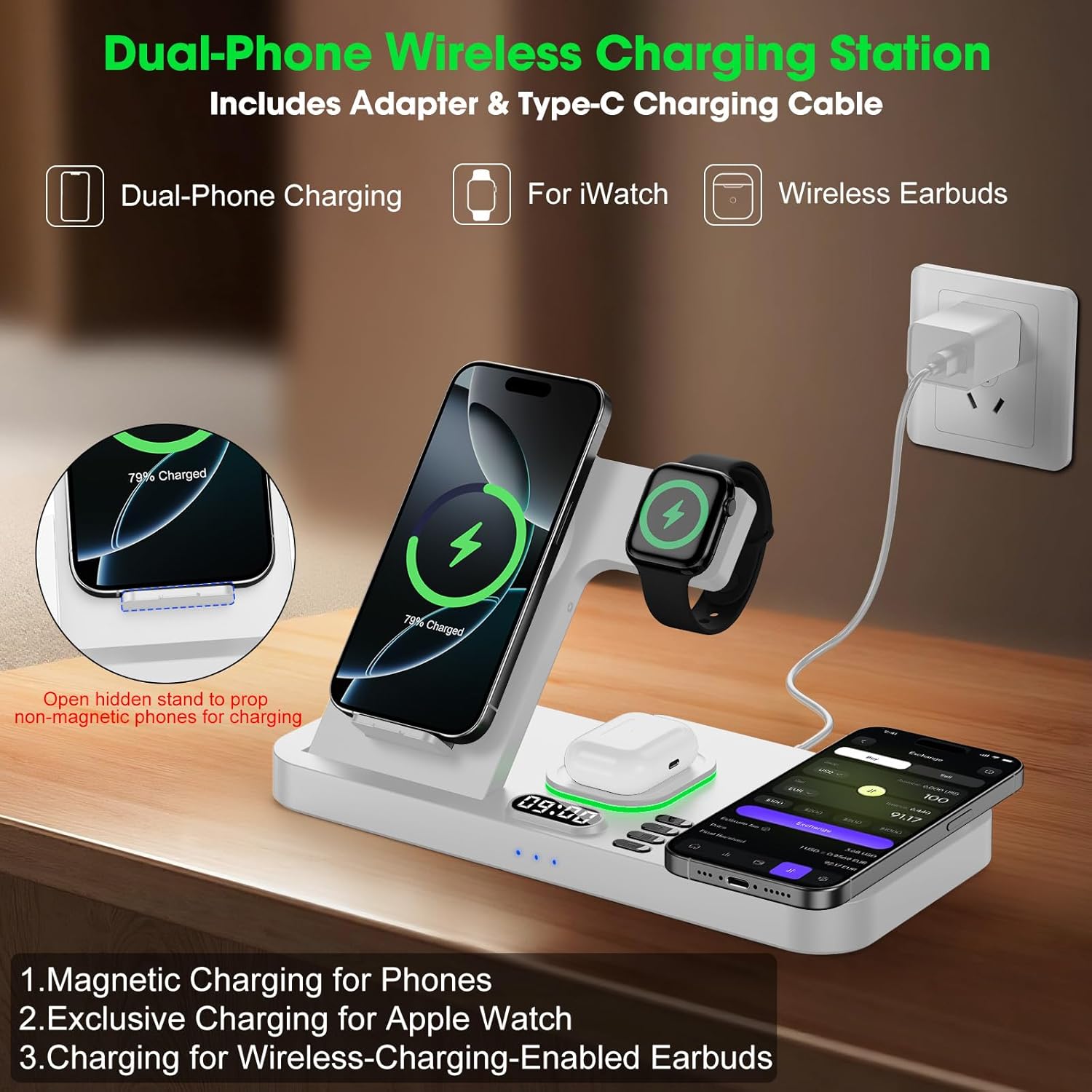 Dual Phone Wireless Charging Station for Apple Devices, Magnetic Charging Station for iPhone with Auto Switch 7-Color Light&Clock, Family Watch Charger for iPhone17 for iWatch11 for AirPods Pro3(Cream