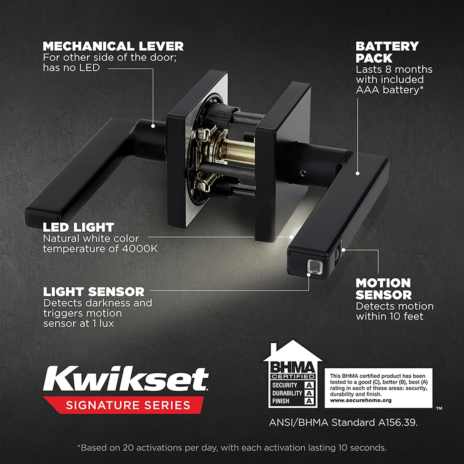 Kwikset Halifax LED Motion Activated Light Up Privacy Door Lever for Bathroom and Bedroom, Matte Black, Reversible Keyless Push Button Lock Door Lever, with Microban Protection