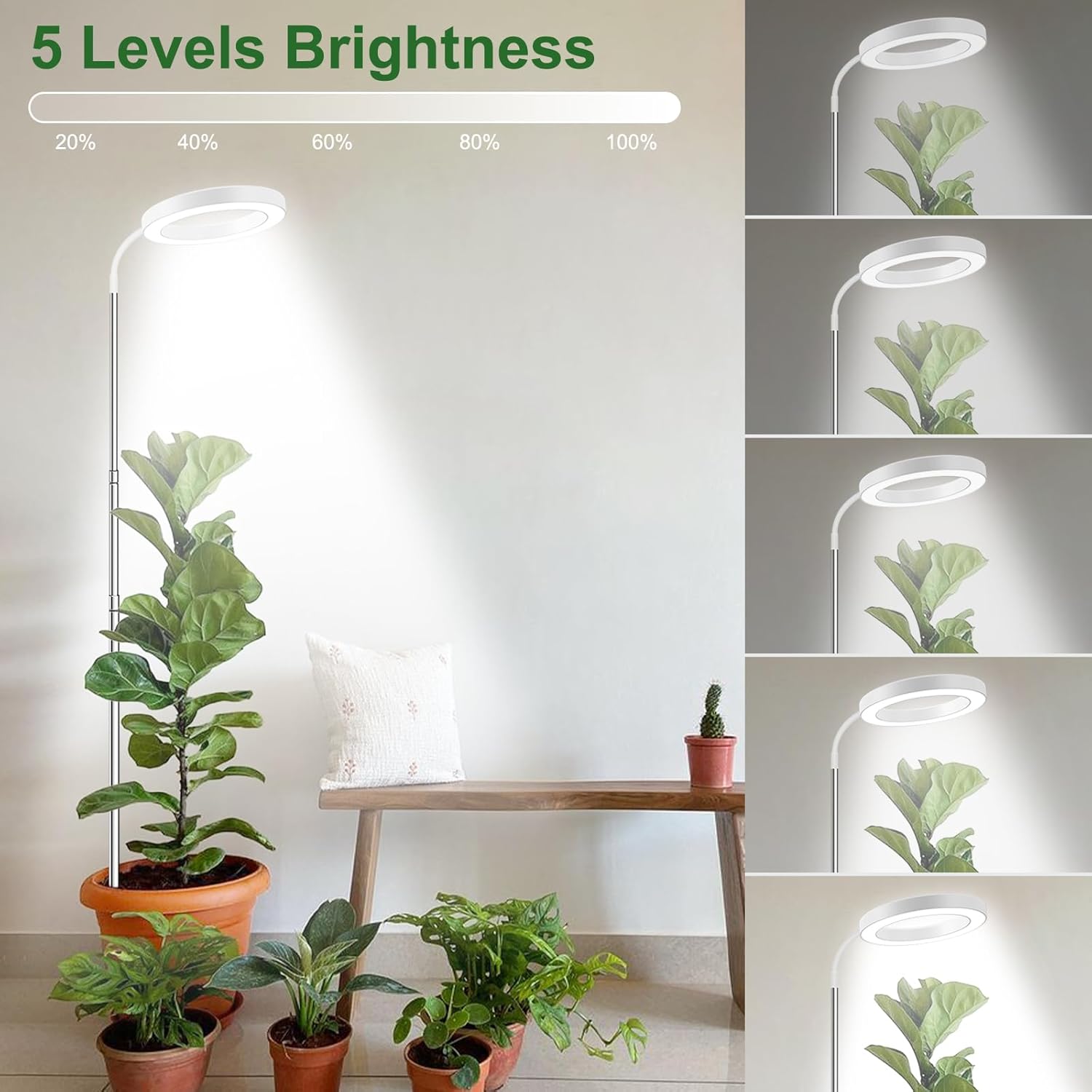 wolezek Grow Lights for Indoor Plants Full Spectrum, 80 LEDs 3 Colors Grow Light, 65in Large Plant Lights for Indoor Growing with 360°Gooseneck, 6/12/16H Timer, 5 Brightness, Height Adjustable, White