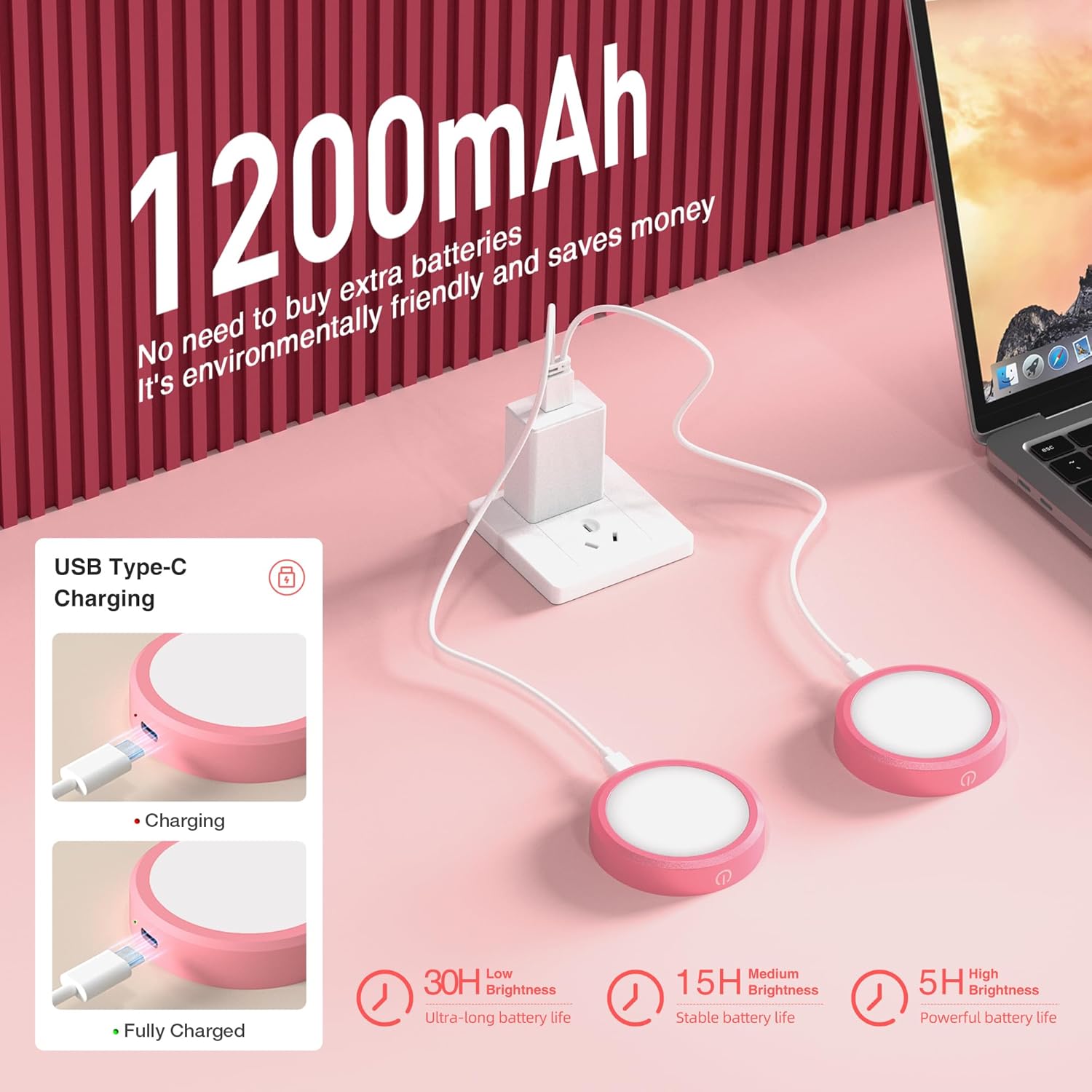 Rechargeable Puck Lights with Remote Control,LED Under Cabinet Light with Full-Screen,3 Color Temperatures Stick On Light Wireless, Tap Lights for Kitchen,Cabinet,Counter,Closet,Shelf,2 Pack, Pink