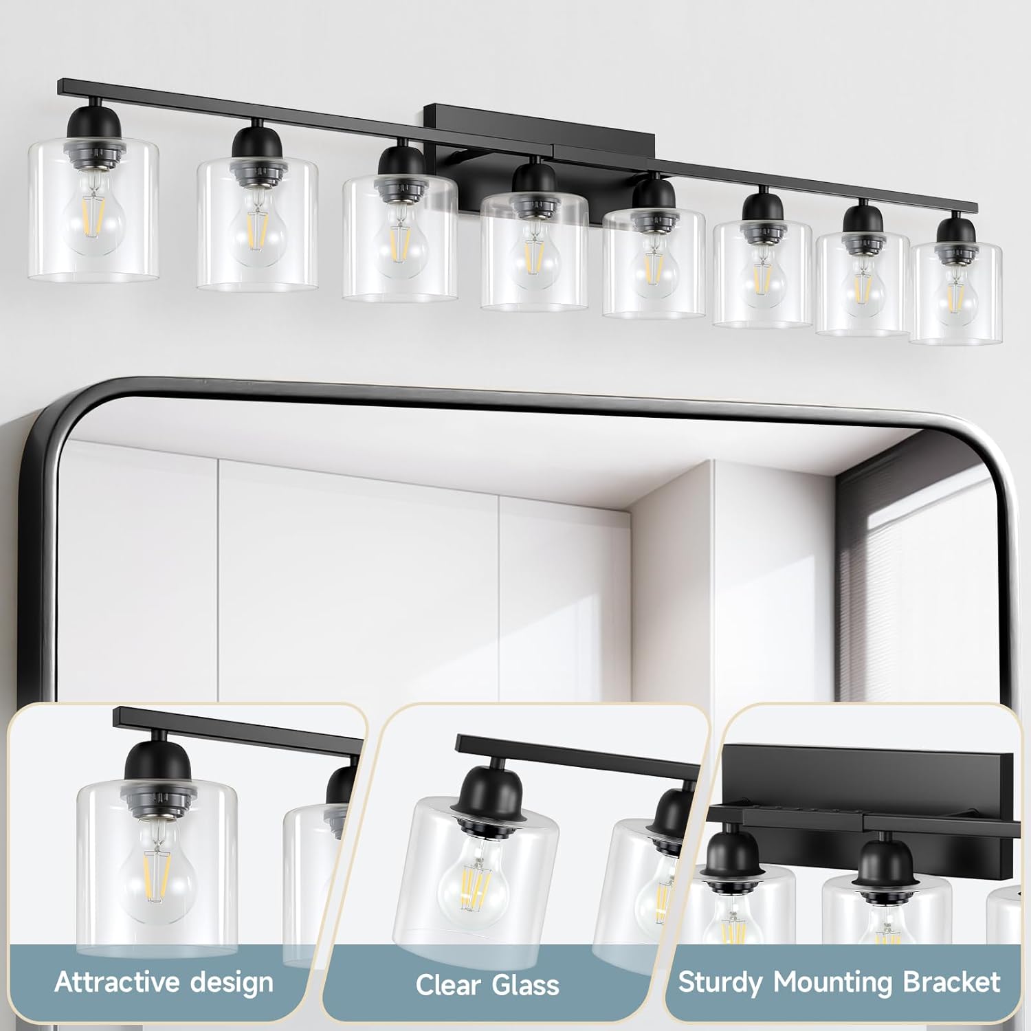 Modern 8 Light Bathroom Light Fixtures, 52 inch Vanity Lights for Bathroom with Clear Glass, Black Bathroom Light Fixture for Mirror Kitchen Living Room Hallway Cabinet Porch