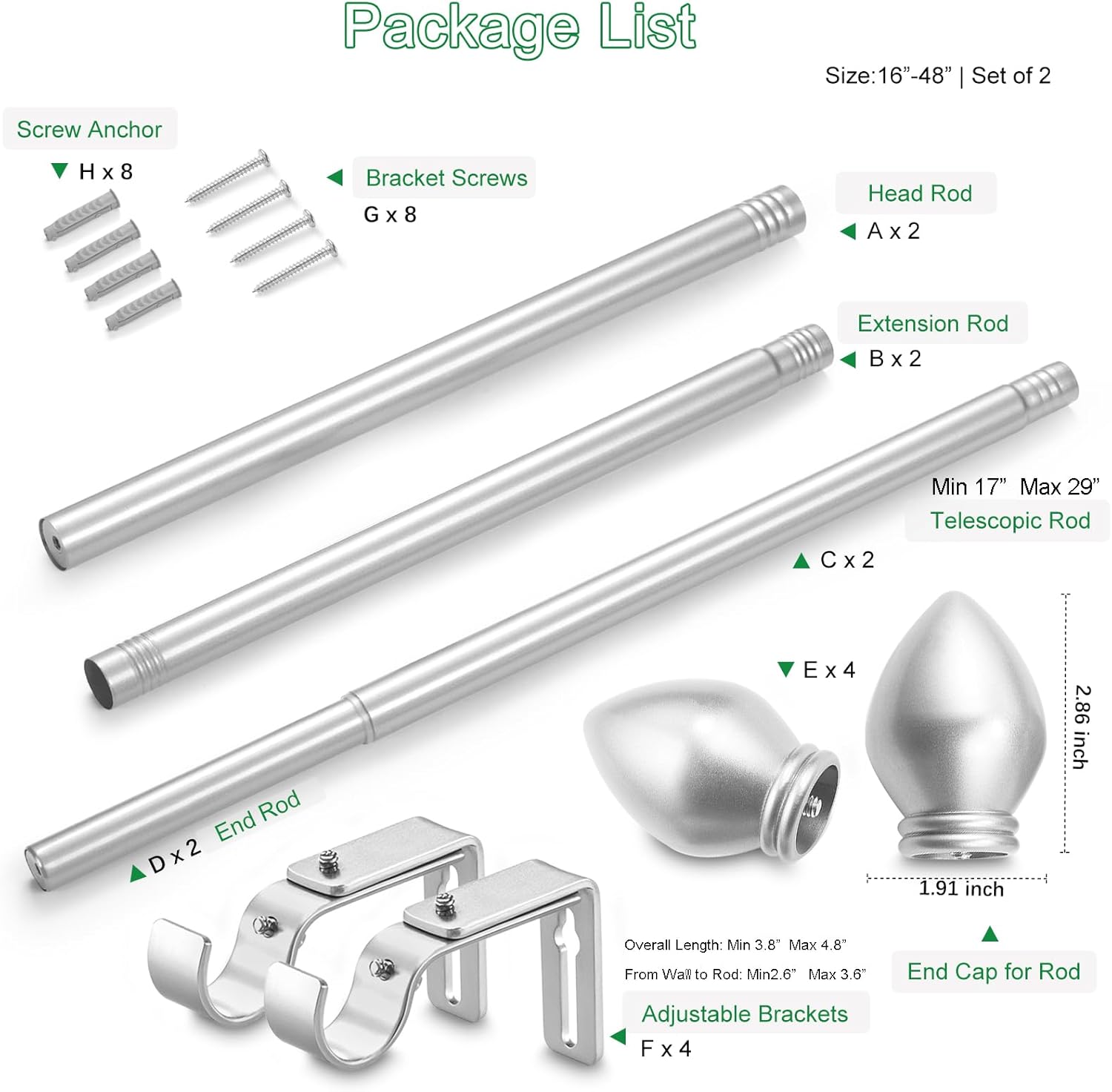 Curtain Rods for Windows 16 to 48 inches, Curtain Rod Max Adjustable Length to 60 in, Drapery Rod 1 inch Diameter with Modern Knobs Finials (Satin Silver, 16" to 48" - Set of 2)