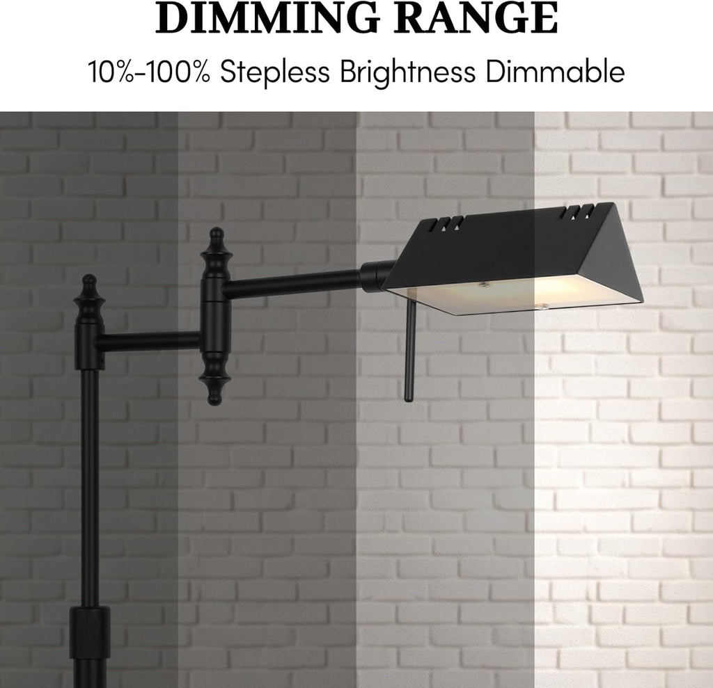 Dimmable Pharmacy Floor Lamp with Remote, 15W LED Reading Floor Lamp with 360°Swing Arm, 3 Color Temperature, Height Adjustable Black Standing Task Lamp for Living Room, Bedroom, Black