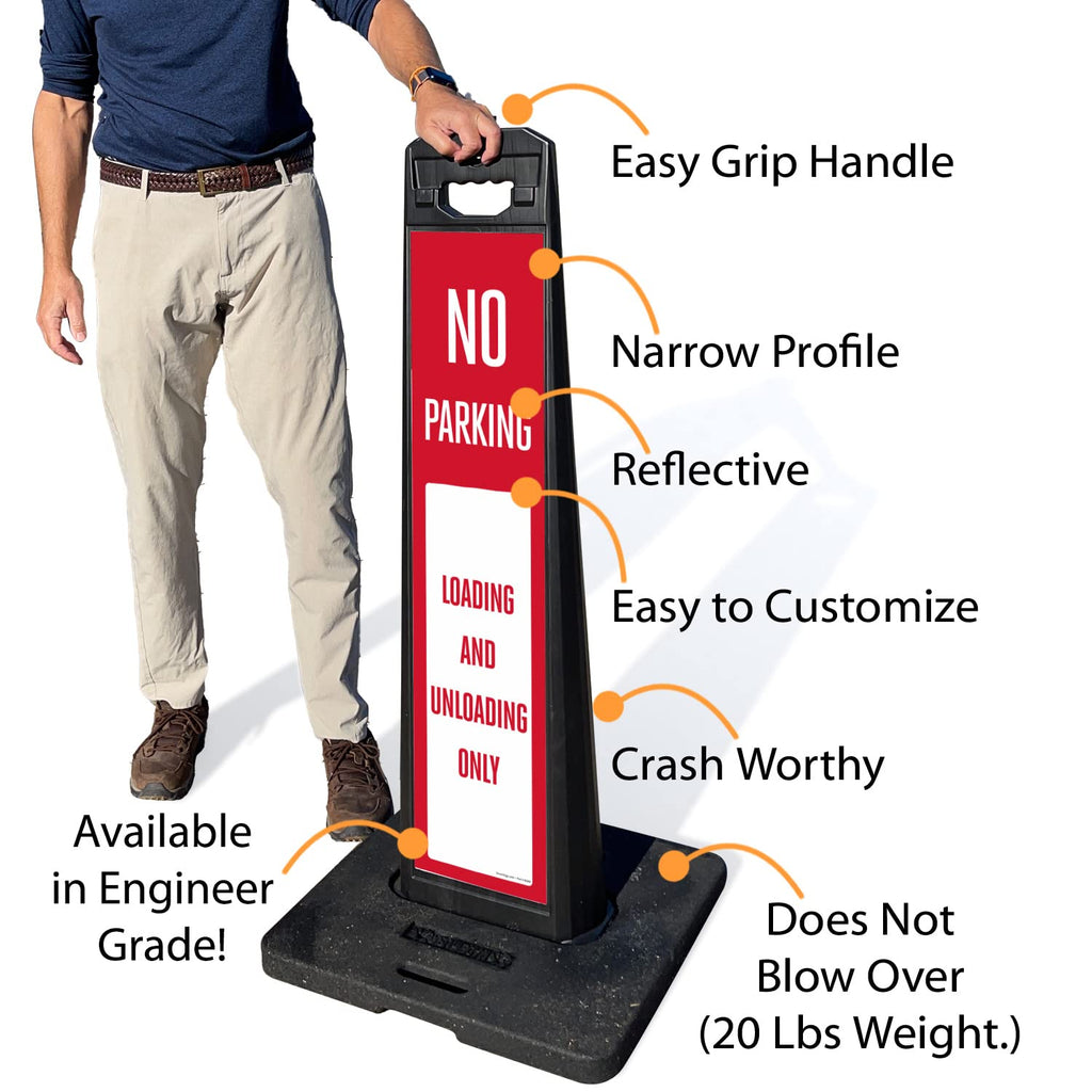 SmartSign No Parking Loading And Unloading Only LotBoss Vertical Panel Sign Kit with Rubber Base, Double-Sided, 7.875" x 35.5" 3M Engineer Grade Reflective Parking Lot Sign, Plastic Frame, USA-Made