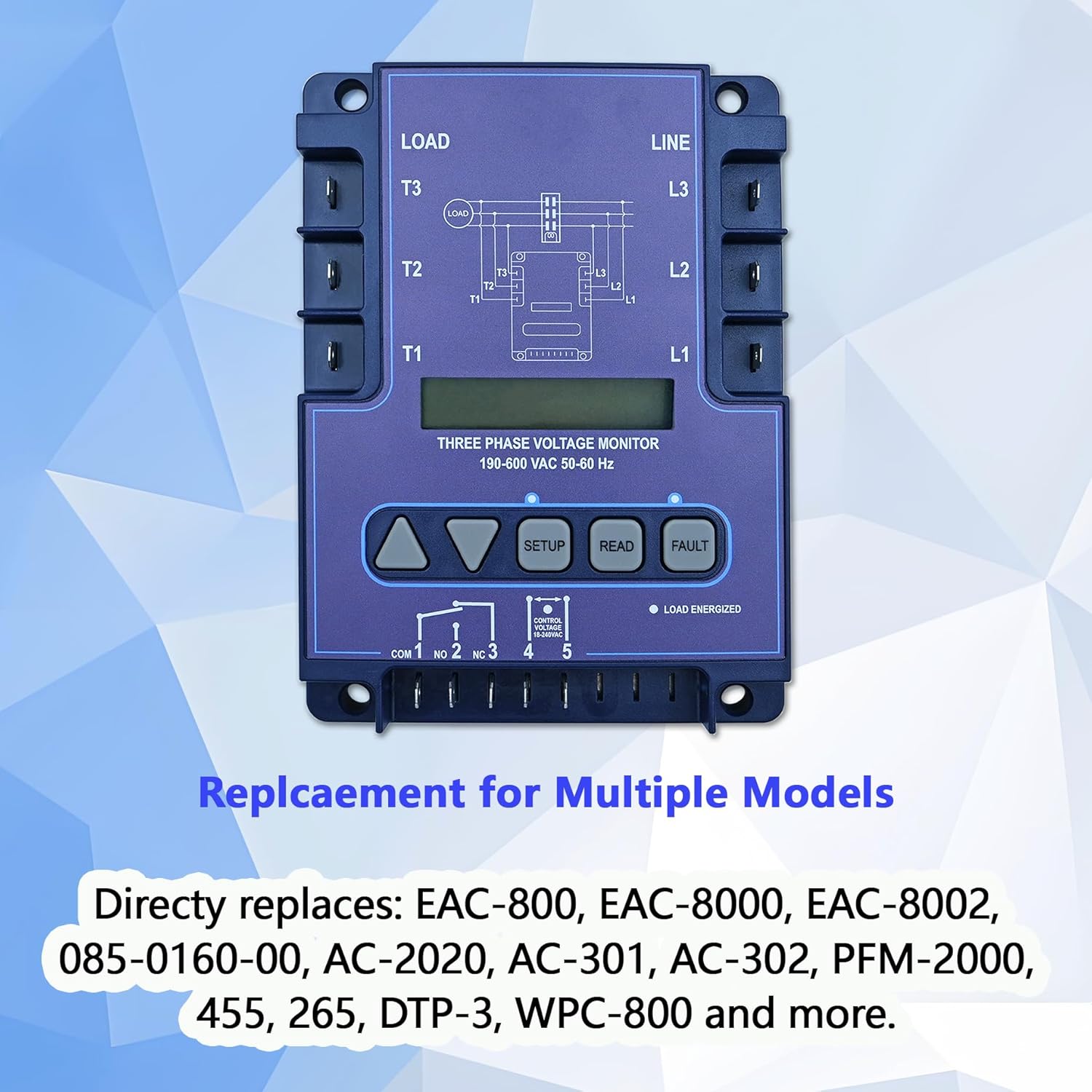ICM450A 3-Phase Voltage Monitor with Backlit LCD, 190-600V AC, 25-Fault Memory, Programmable Relay, Replacement for ICM450A, EAC-800, PFM-2000
