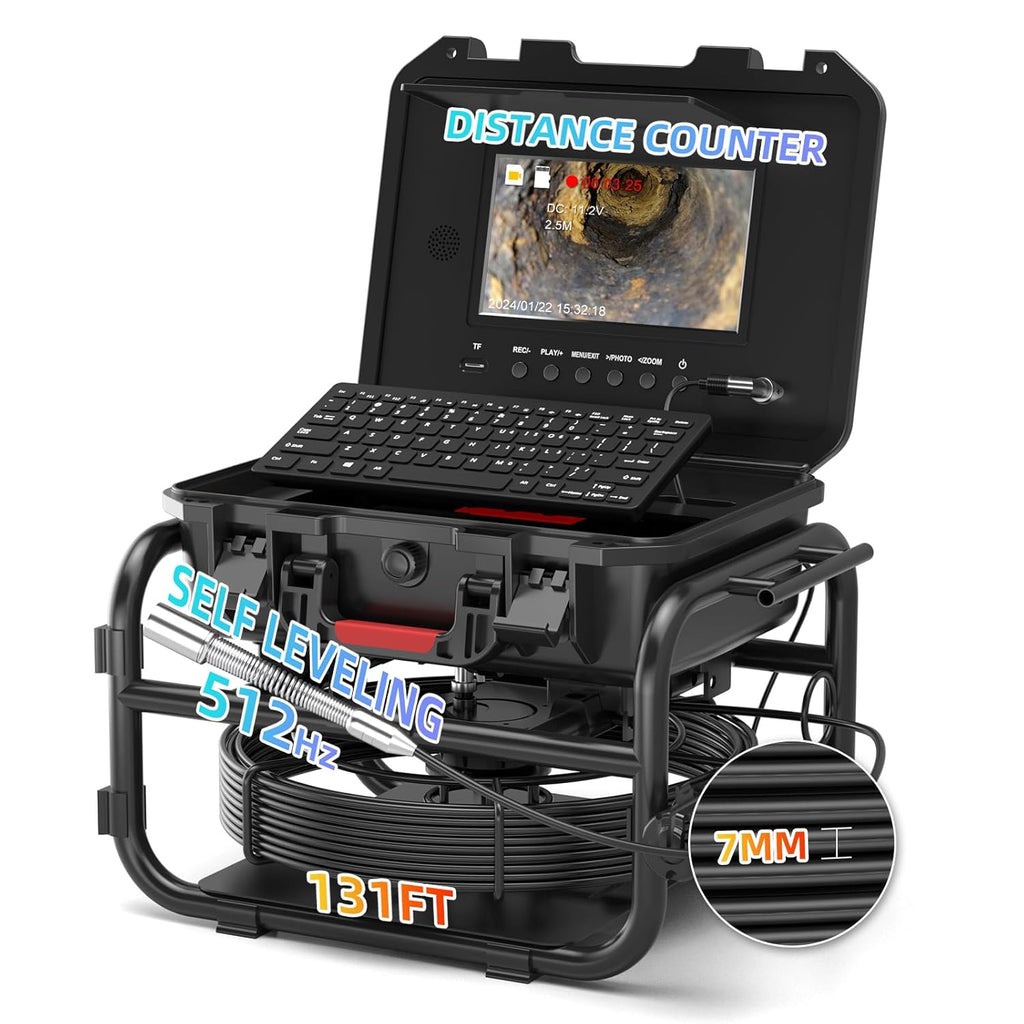 Sanyipace Sewer Camera 131FT/40M with 512Hz Transmitter, Self-Leveling, Distance Counter, Plumbing Inspection Camera with Microphone Speaker Audio Video Record, 16GB TF Card, Pipe Pulley (7mm Cable)