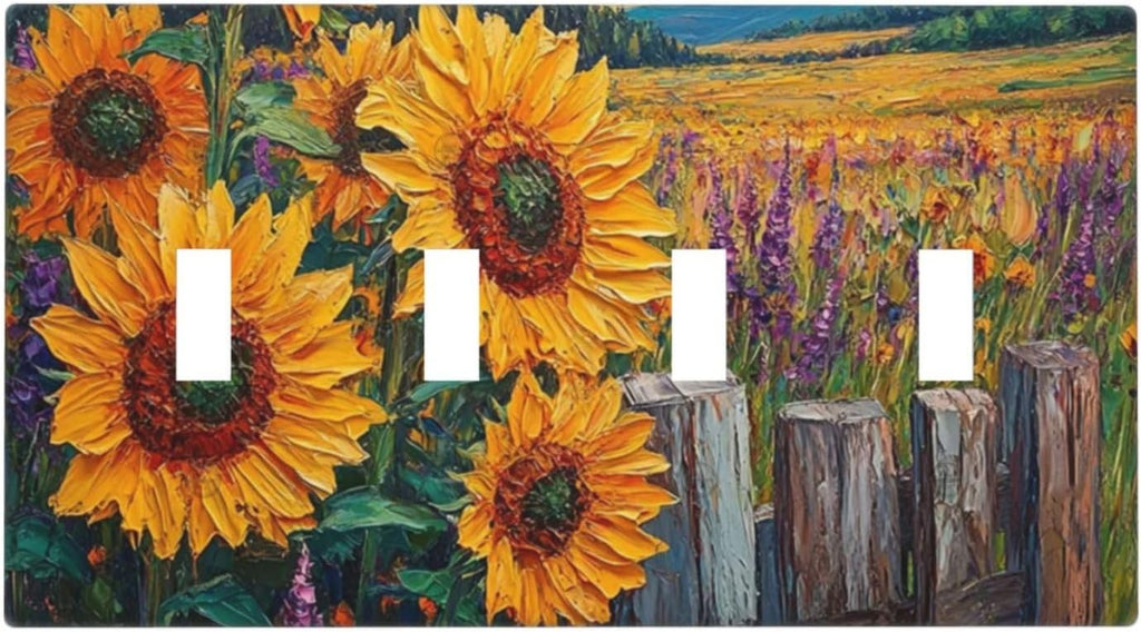 Decorative Light Switch Cover Plate Rustic Wilderness Sunflower Lavender Muzha Oil Painting 4 Gang Wall Plate Oversized Quad Toggle Switch Cover Plate Jumbo Faceplate