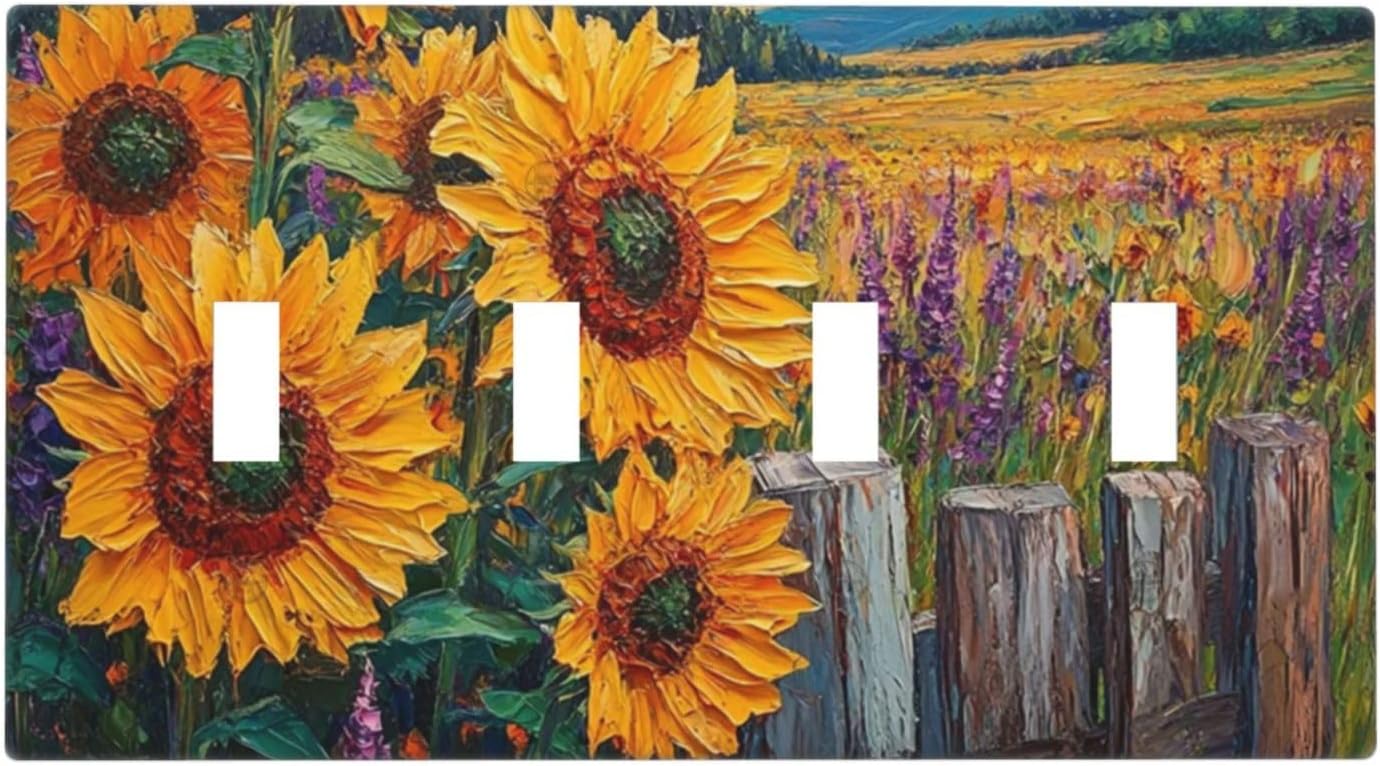 Decorative Light Switch Cover Plate Rustic Wilderness Sunflower Lavender Muzha Oil Painting 4 Gang Wall Plate Oversized Quad Toggle Switch Cover Plate Jumbo Faceplate