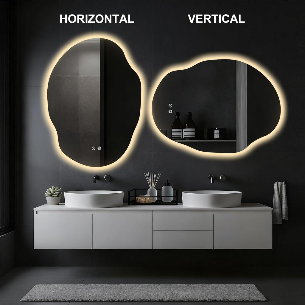 Asymmetrical Bathroom Mirror with Lights,Irregular LED Bathroom Vanity Mirror with Backlit,Anti-Fog,3 Colors and Dimmable Light with Memory,Hardwired Supported[Horizontal/Vertical] 40" H x 30" W