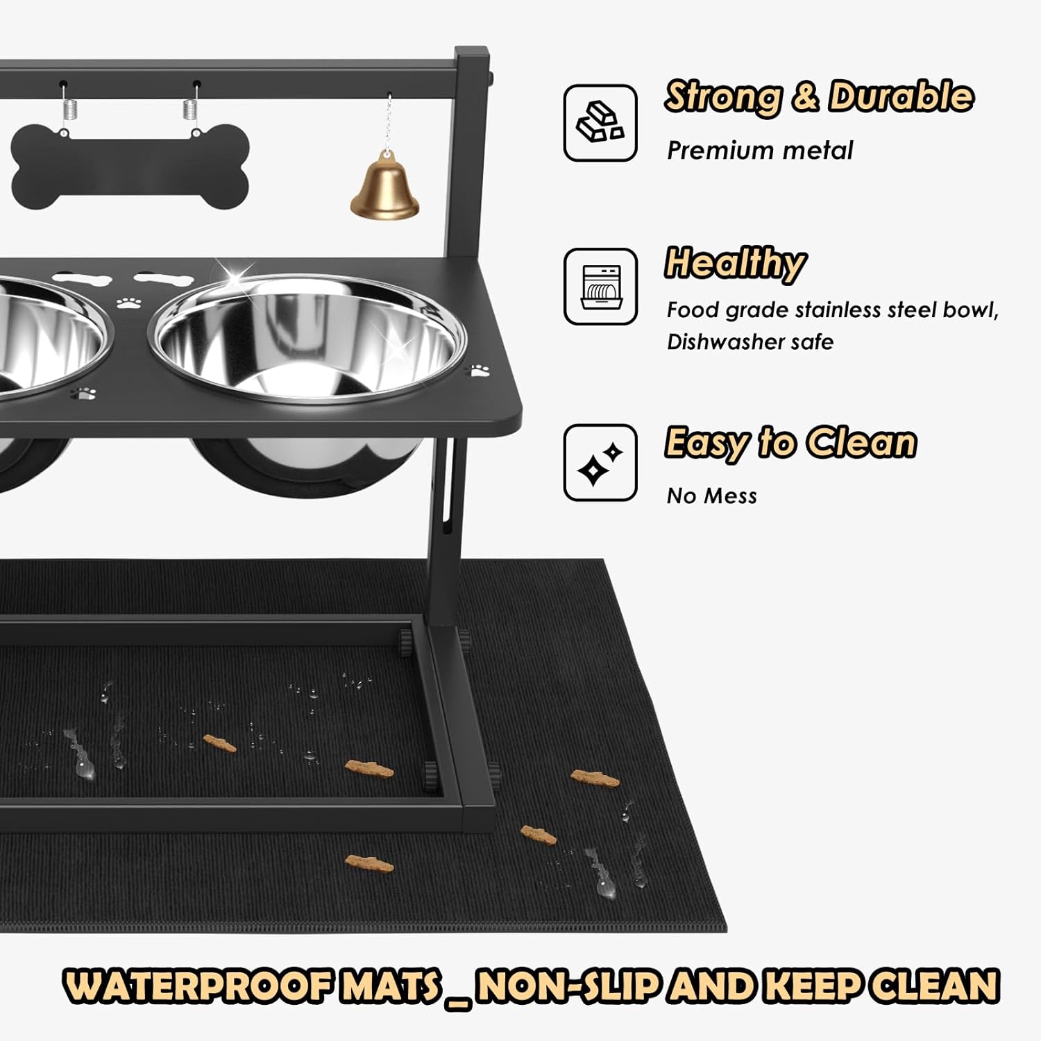 Elevated Dog Bowls with Slow Feeder and Spill Proof Mat, Adjustable Height 4.3-11.8'', Two 1.7L Stainless Steel Food & Water Bowls, Metal Raised Dog Bowl Stand, for Large Medium Breeds
