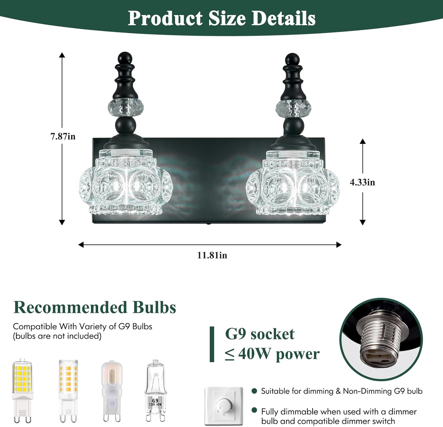 Modern Glass Crystal Bathroom Vanity Light Indoor Wall Lamp Black Vintage Wall Sconces 2-Lights Vanity Lighting Wall Mounted Sconce Wall Lighting