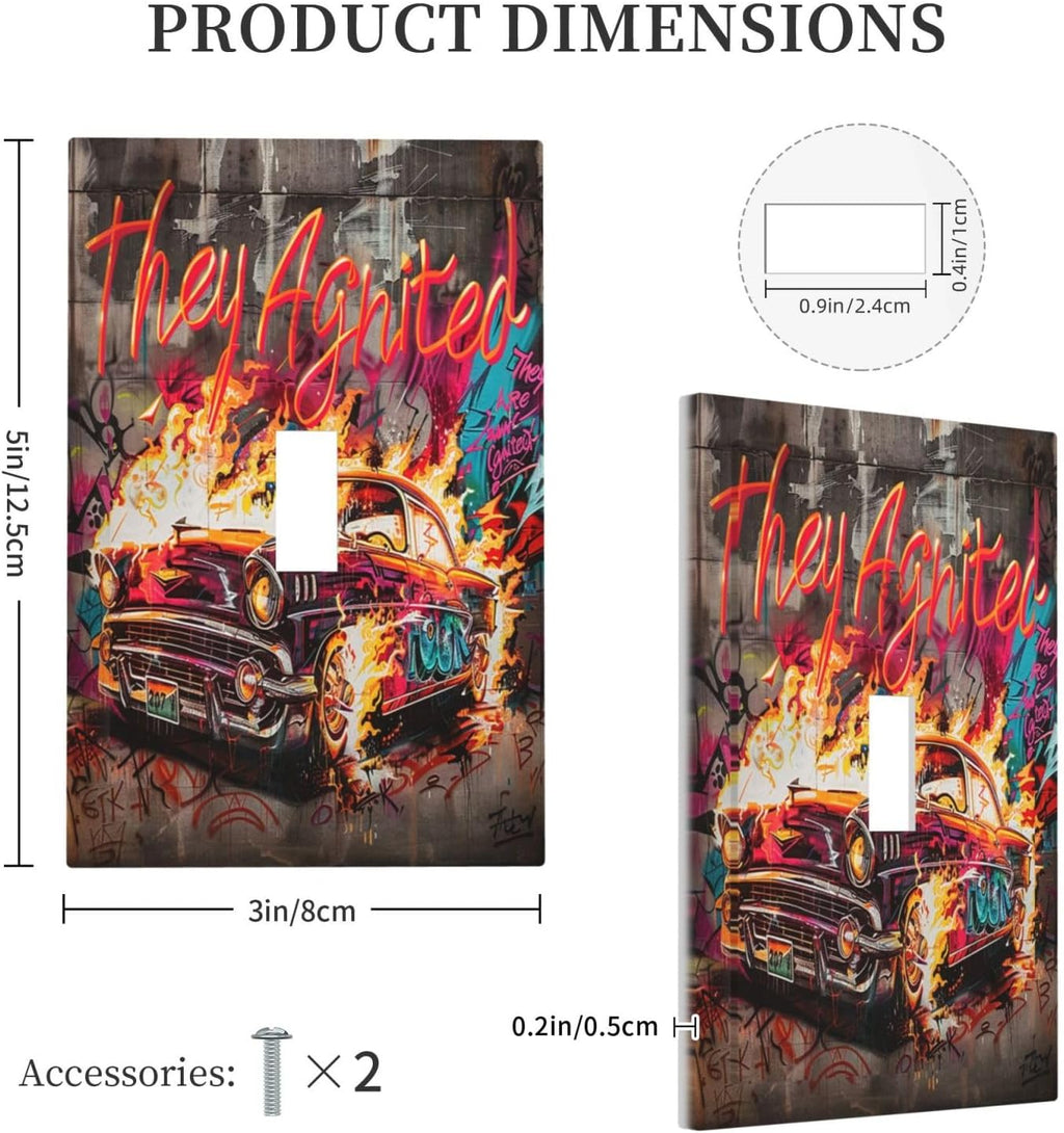 Decorative Light Switch Cover Hip Hop Street Graffiti Flame Car 1 Gang Single Toggle Device Electrical Faceplate Switchplates Decorator Outlet Wall Plate for Bedroom living Room Decor