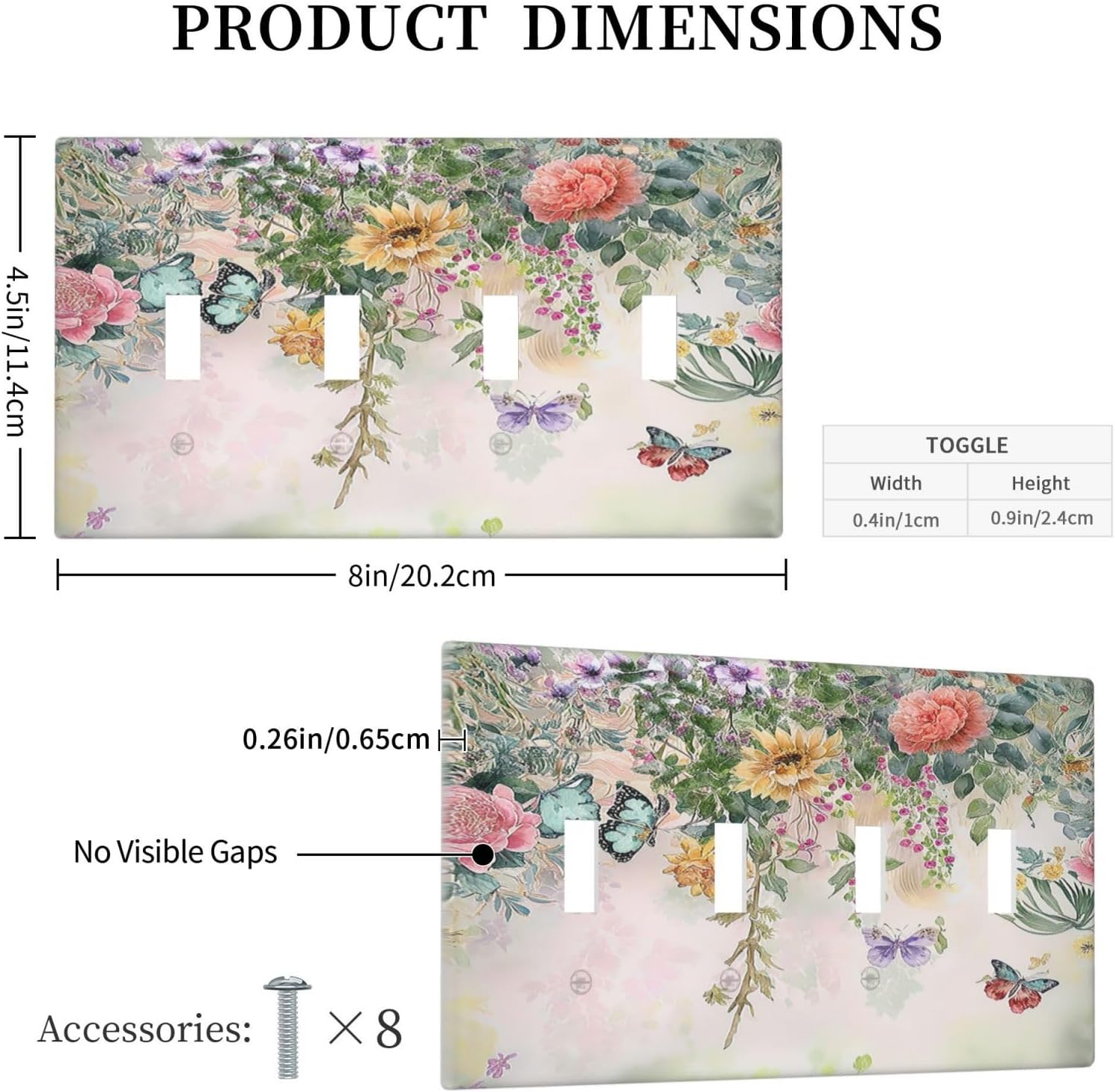 Light Switch Cover Plate Rustic Floral Watercolor Flower Blossom Butterfly Quad Toggle Wall Plates Decorative Switch Plates 4 Gang Outlet Covers Electrical Panel Cover Faceplate for Home 4.5 X 8 IN