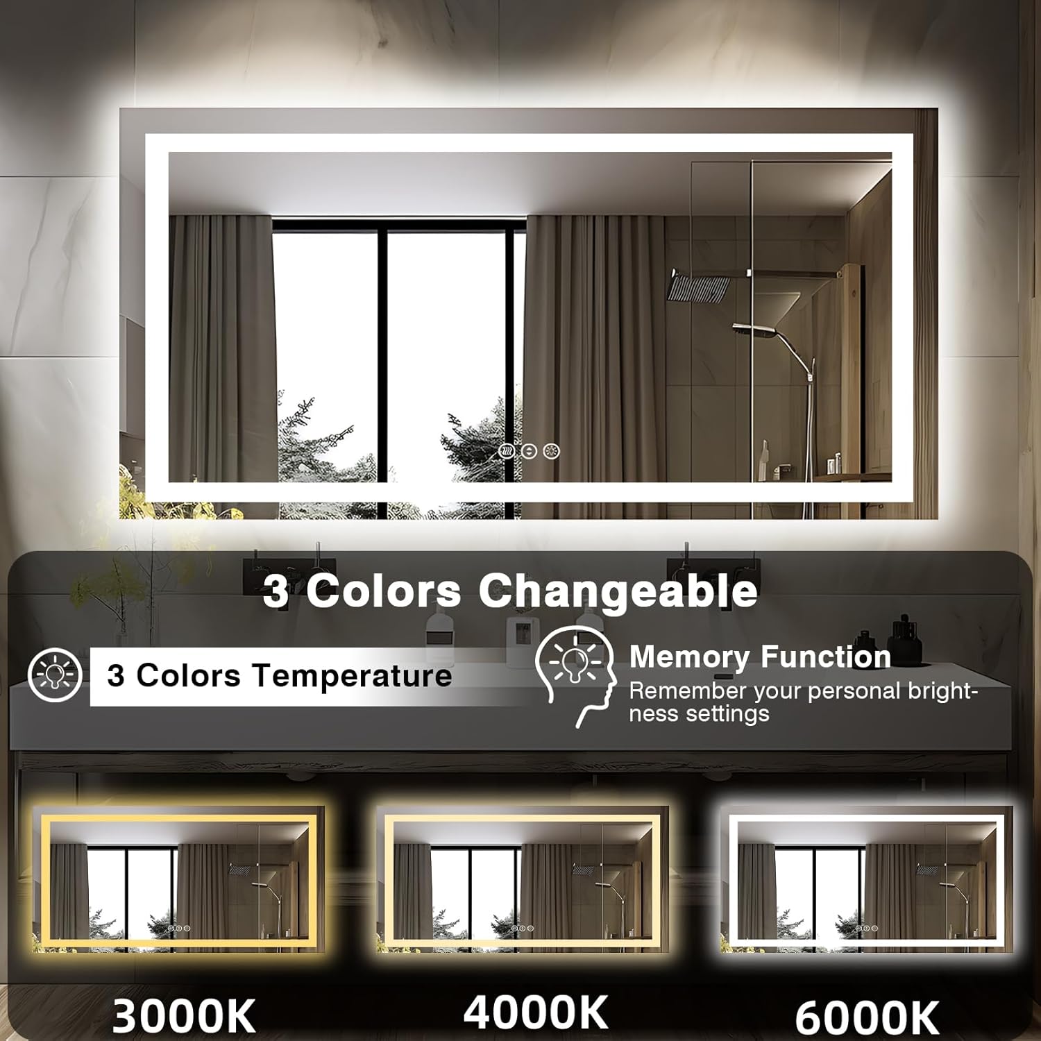 60"x28" LED Bathroom Mirrors for Wall, Front and Backlit Mirror, Anti-Fog Vanity Mirror with Lights, Stepless 3 Colors Dimmable Smart Lighted Mirror(Horizontal/Vertical)