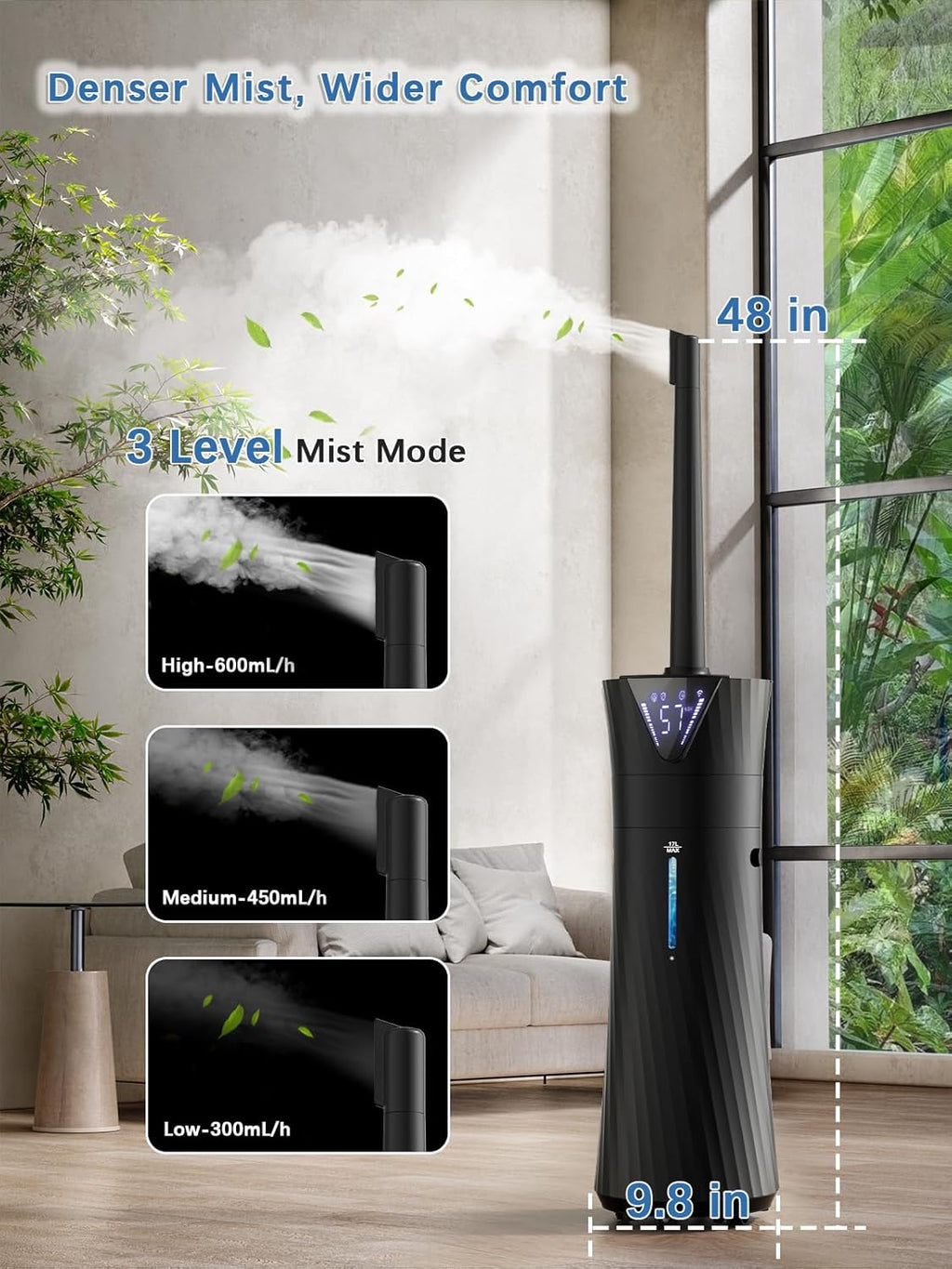 17L/4.5Gal Humidifier Large Room, Smart Quiet Ultrasonic Cool Mist Humidifiers for Bedroom, Covers 2000ft², 56H Runtime, 24H Timer, 3 Mist Modes Humidifiers for Home, Office, Plants, Black