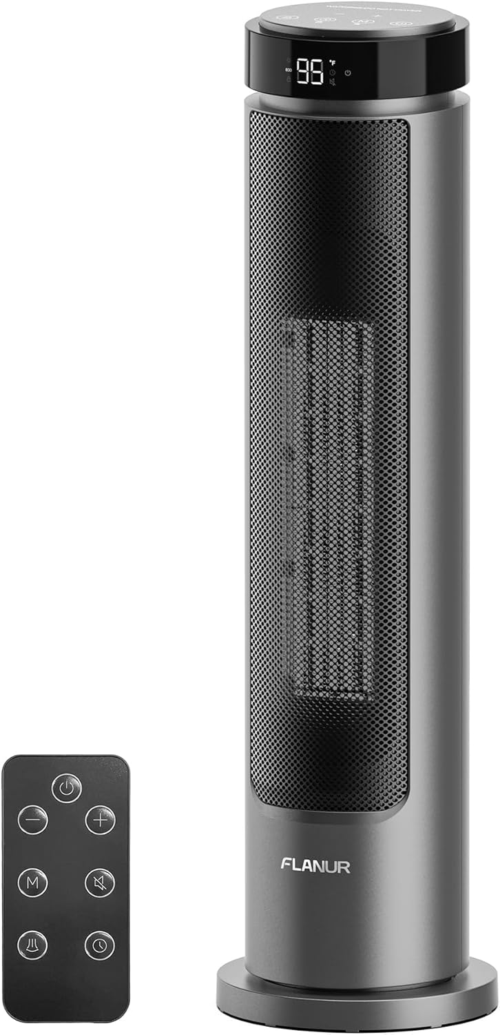 1500W Tower Indoor Space Heater for Home with Programmable Thermostat, 12H Timer & Remote Control, Oscillation and ECO Mode, Electric Heaters for Office, Bedroom, Home (Grey)