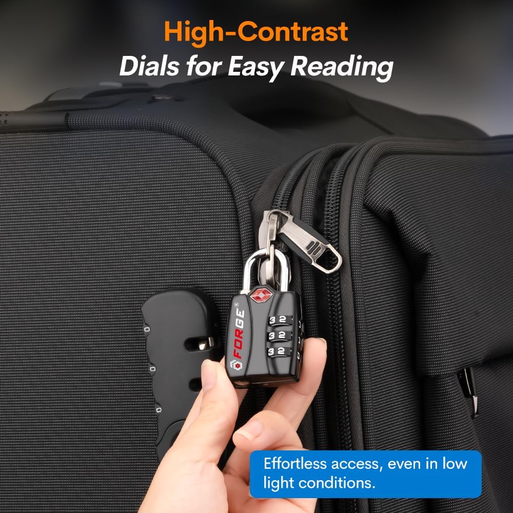 Forge Luggage Locks TSA Approved 6 Pack Black, Small Combination Lock with Zinc Alloy Body, Open Alert, Easy Read Dials, for Travel Suitcase, Bag, Backpack, Lockers.