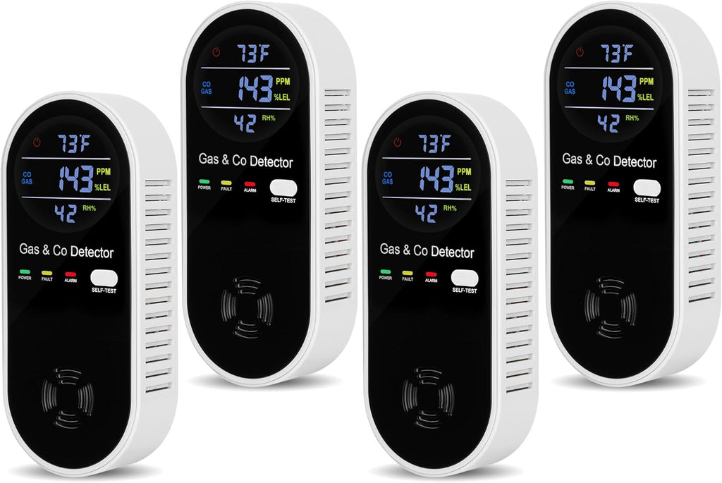 4 Packs Carbon Monoxide Detectors Plug in, 4-in-1 Natural Gas Leak Detector & Carbon Monoxide Detectors with Temperature & Humidity, Natural Gas Detectors for Home/Apartment/RV