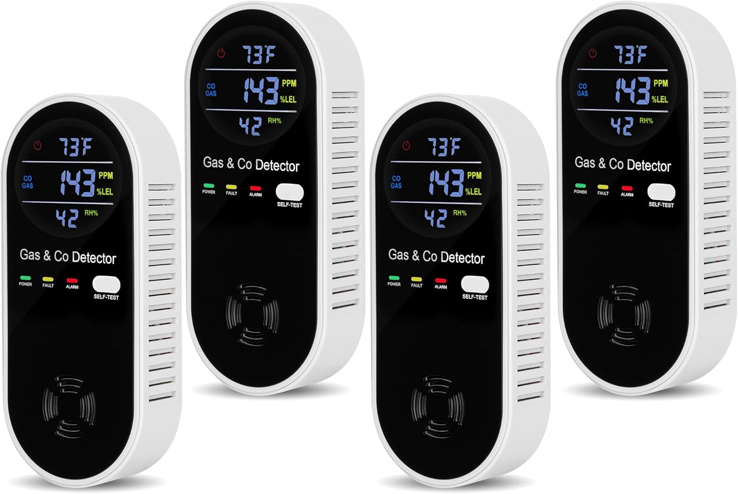 4 Packs Carbon Monoxide Detectors Plug in, 4-in-1 Natural Gas Leak Detector & Carbon Monoxide Detectors with Temperature & Humidity, Natural Gas Detectors for Home/Apartment/RV